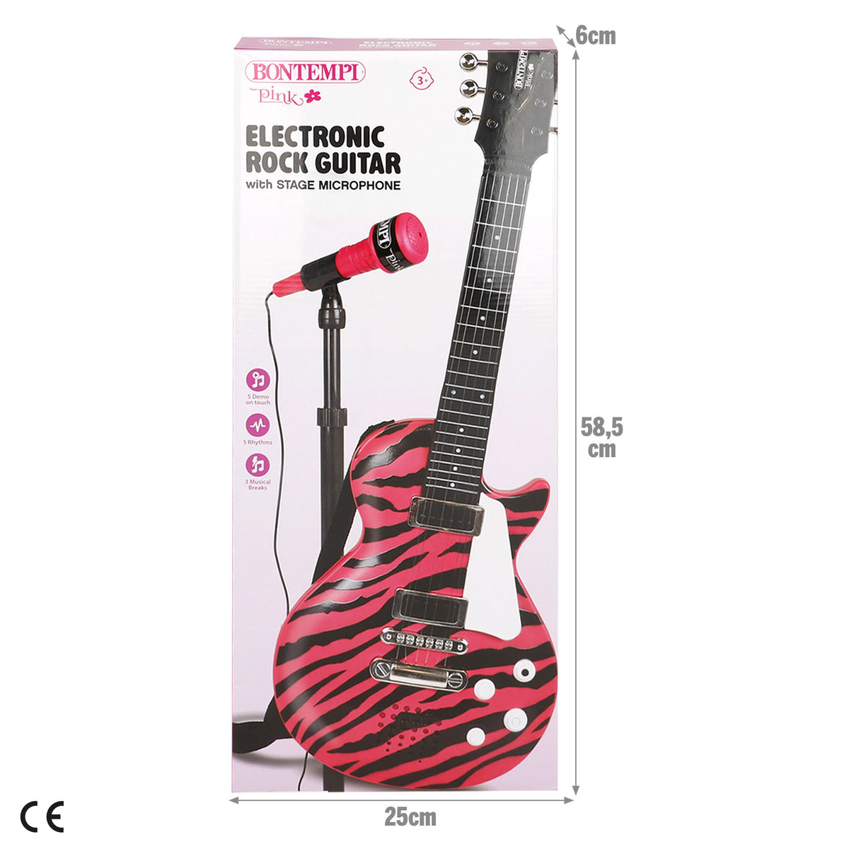 Guitarra eléctrica de rock 56 cm rosa y negro con micrófono de pie Bontempi