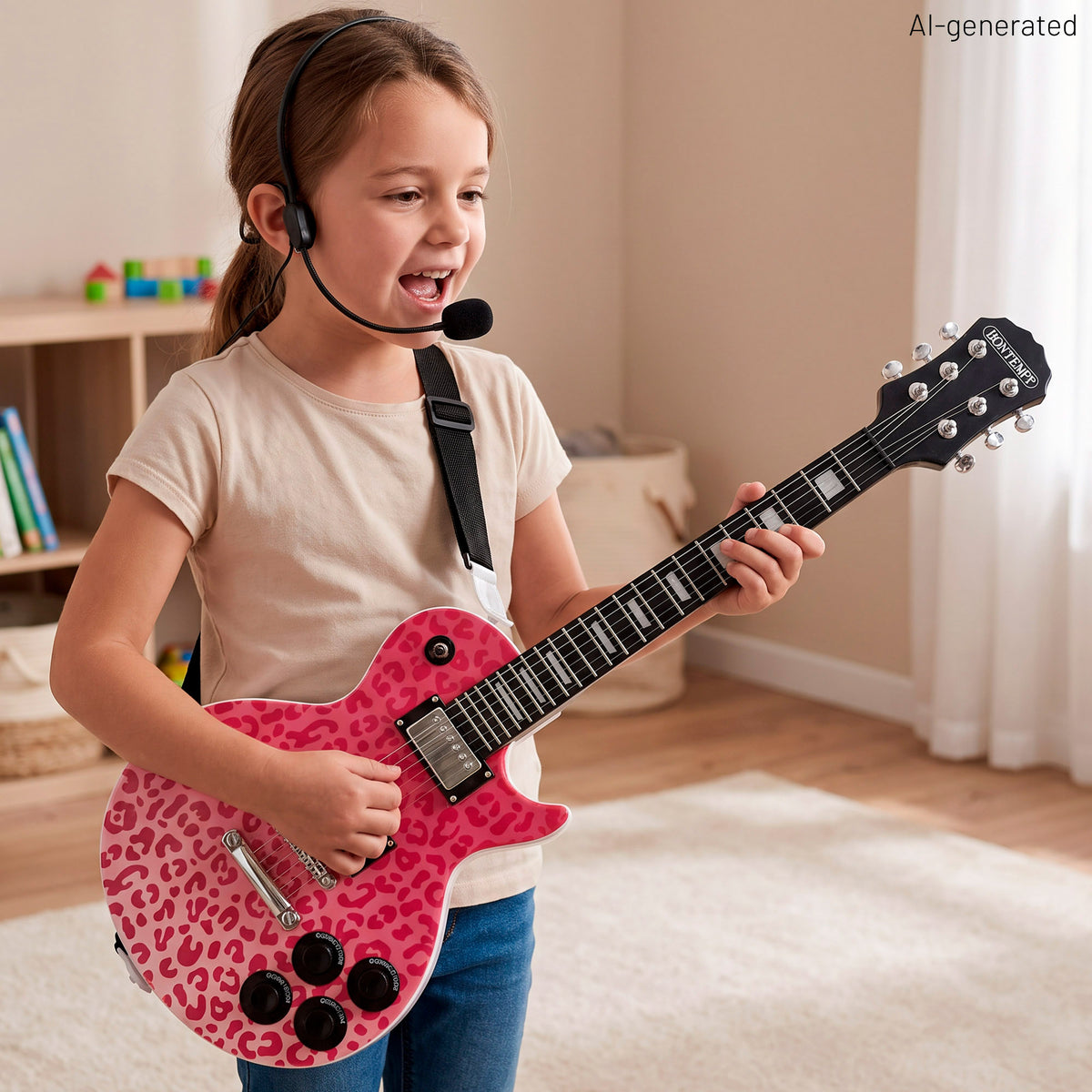 Guitarra electrónica para niños rosa animal print 69 cm con micrófono de diadema Bontempi