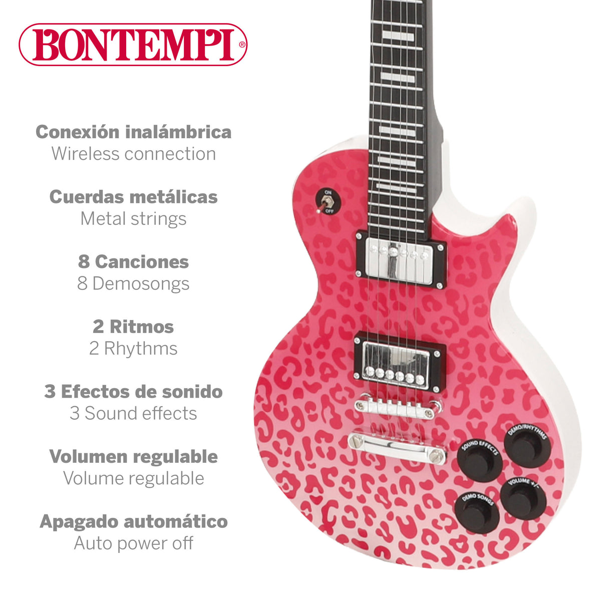 Guitarra electrónica para niños rosa animal print 69 cm con micrófono de diadema Bontempi
