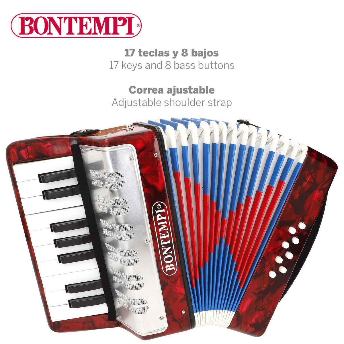 Acordeón infantil de madera con 17 teclas, 8 botones y fuelle extensible Bontempi