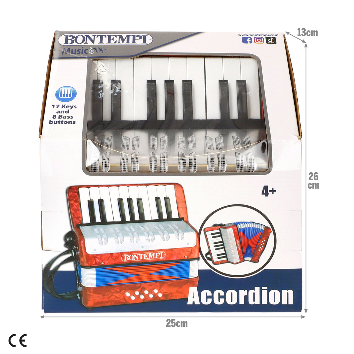 Acordeón infantil de madera con 17 teclas, 8 botones y fuelle extensible Bontempi
