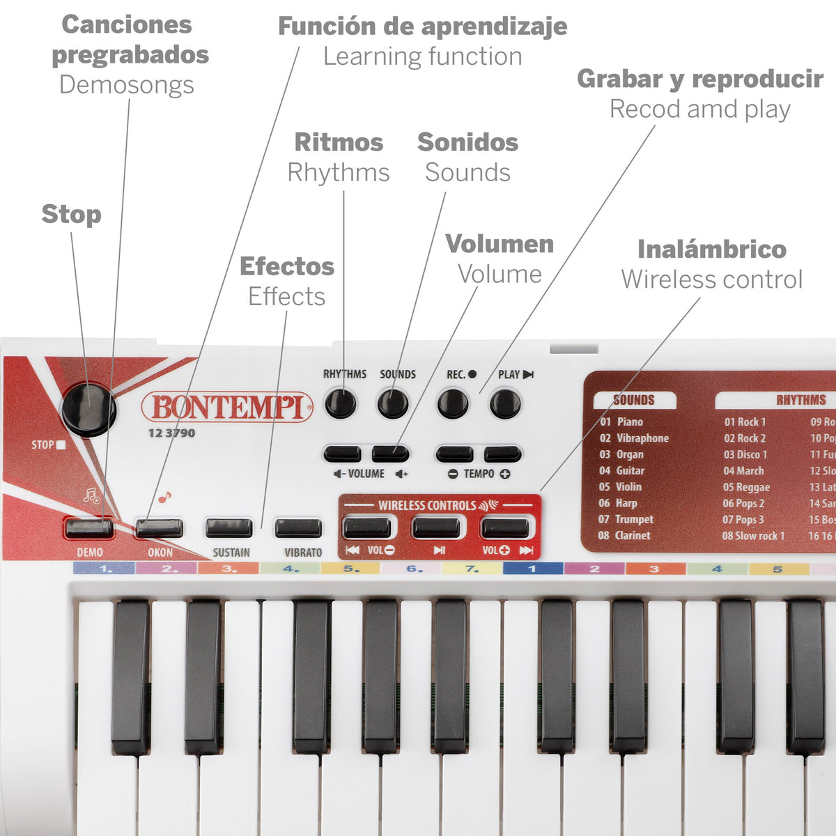 Teclado electrónico para niños 37 teclas con ritmos, sonidos y función aprendizaje Bontempi
