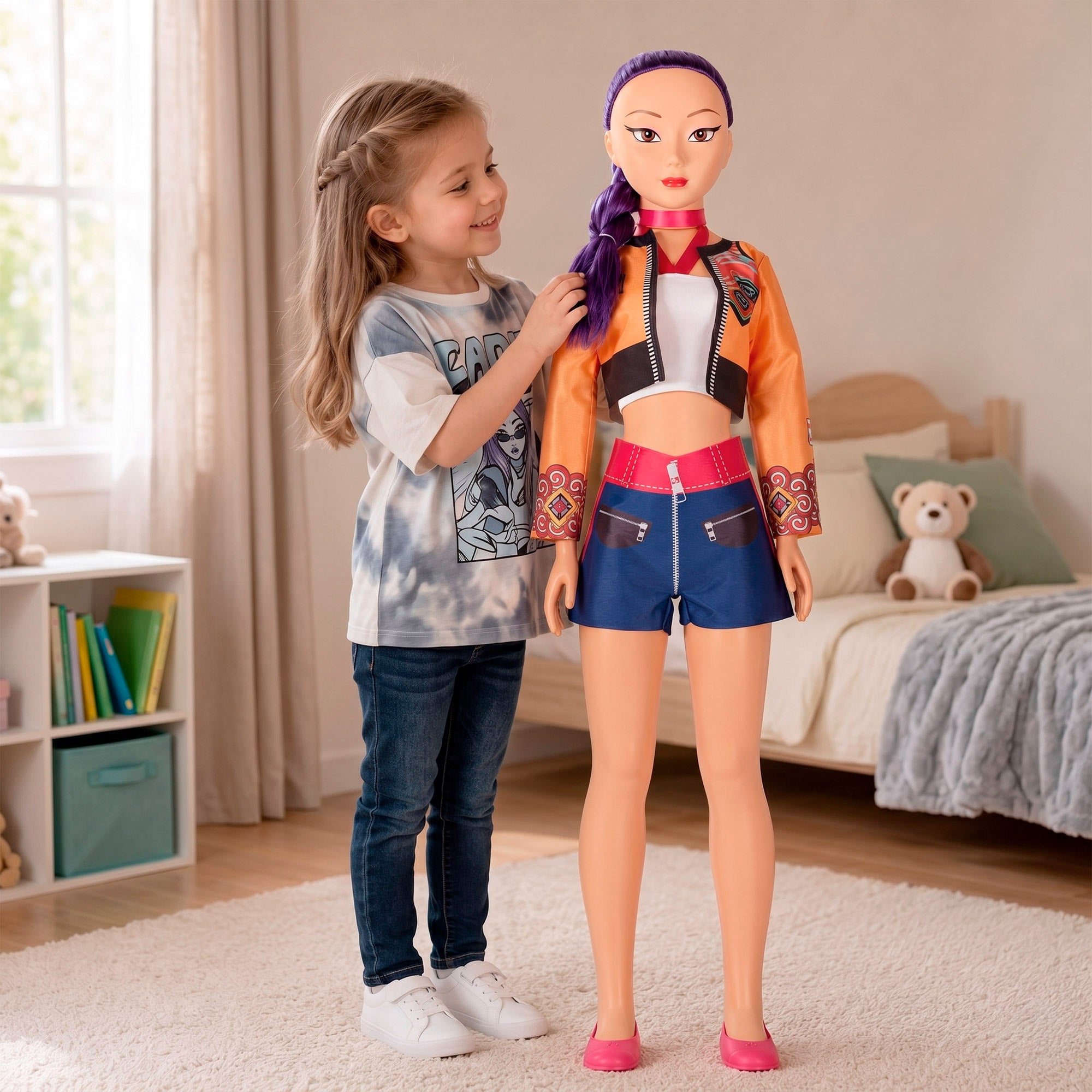 Muñeca grande 105 cm pelo lila + 3 años K-Pop Diva Squad