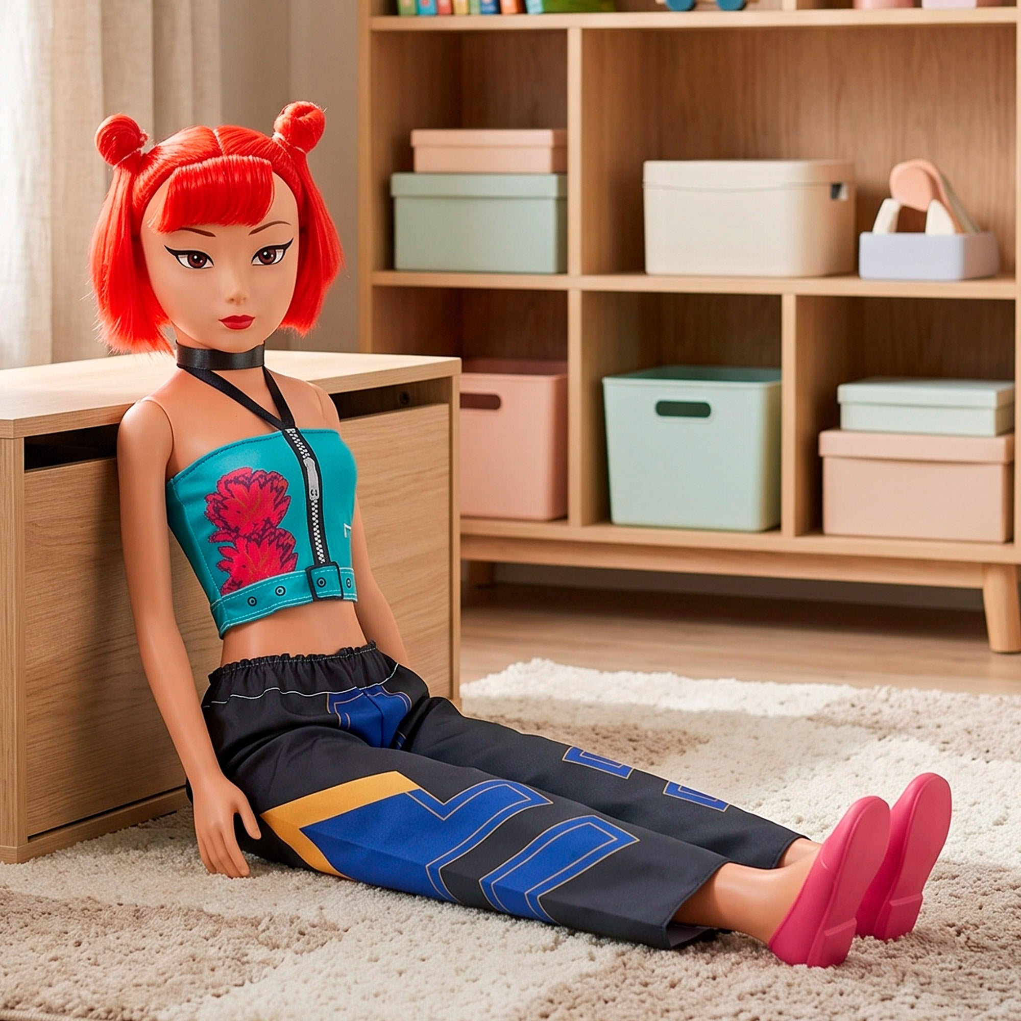 Muñeca grande 105 cm pelo rojo + 3 años K-Pop Diva Squad