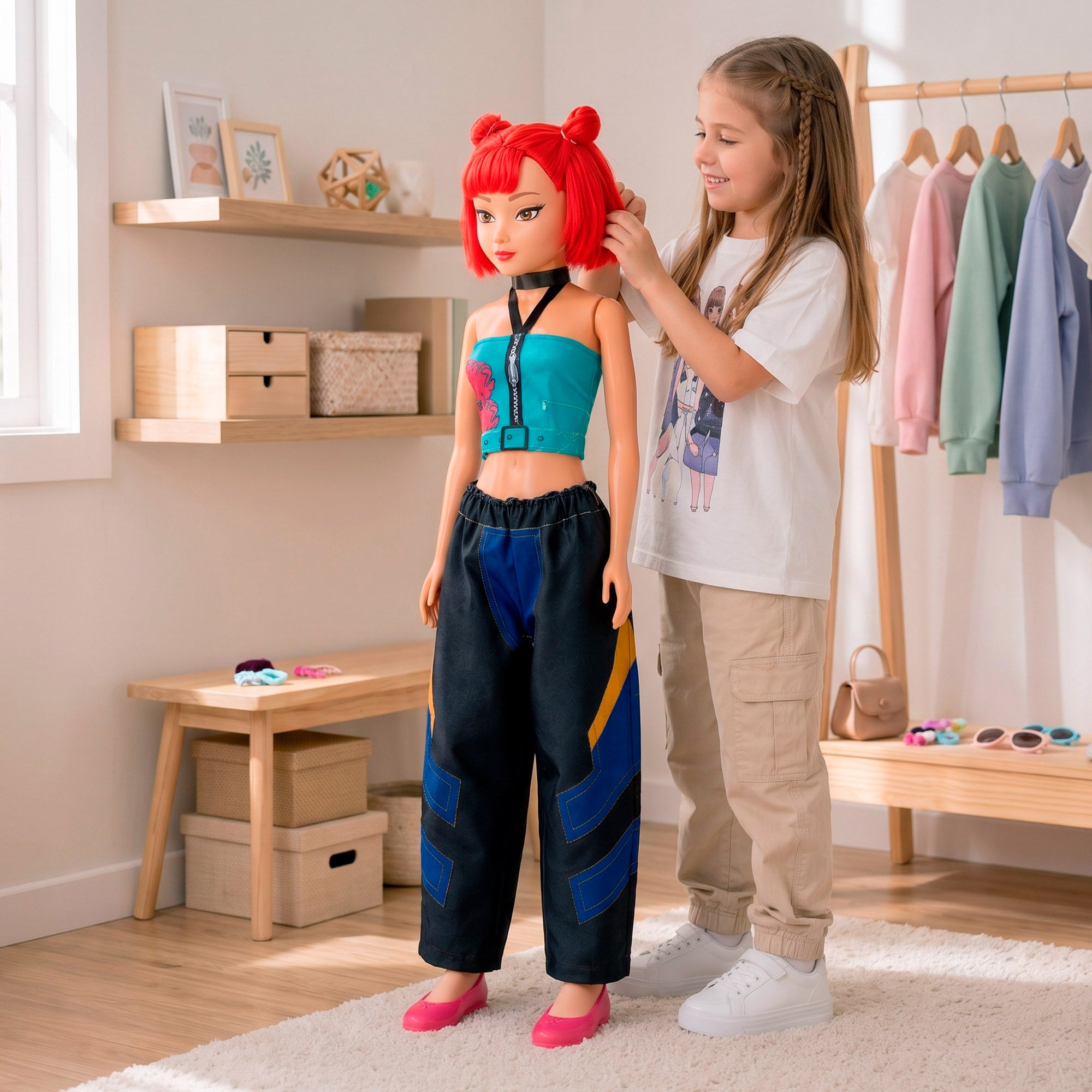 Muñeca grande 105 cm pelo rojo + 3 años K-Pop Diva Squad