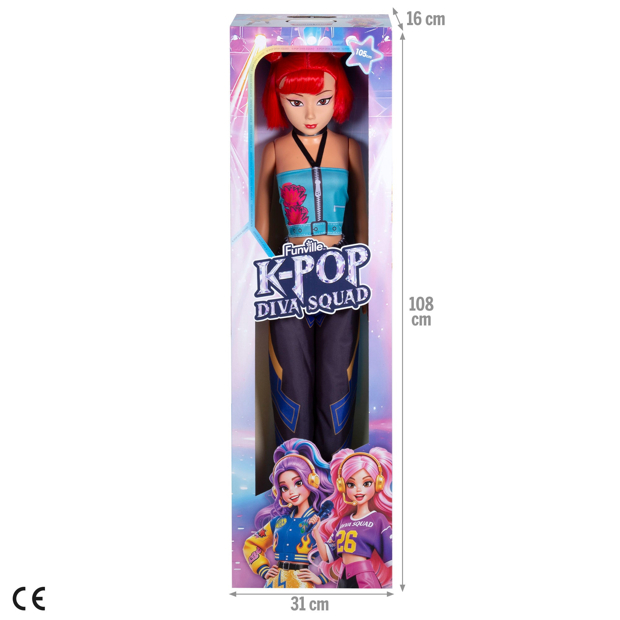Muñeca grande 105 cm pelo rojo + 3 años K-Pop Diva Squad