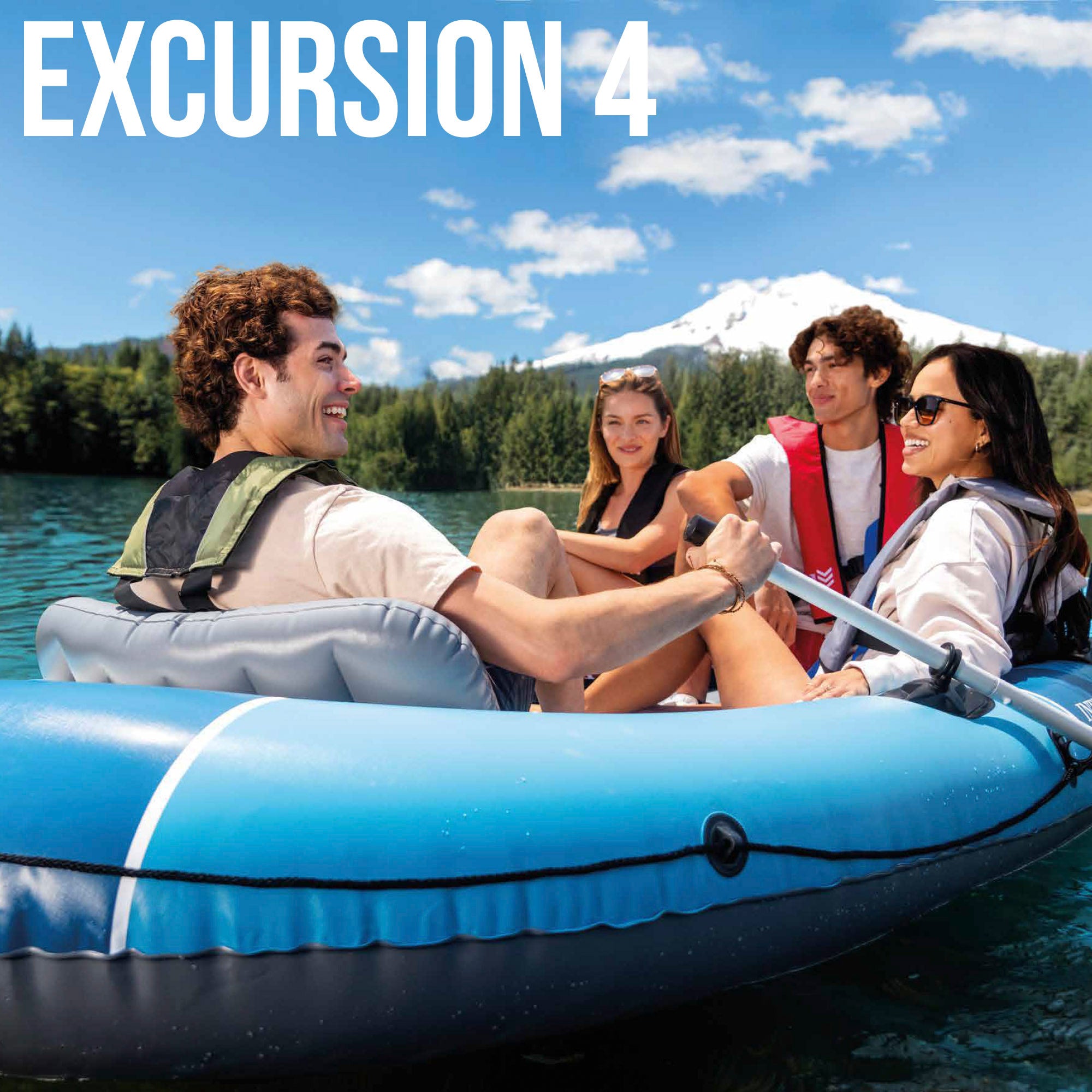 INTEX Barca hinchable Excursion 4 con remos, bomba de inflado y asientos hinchables