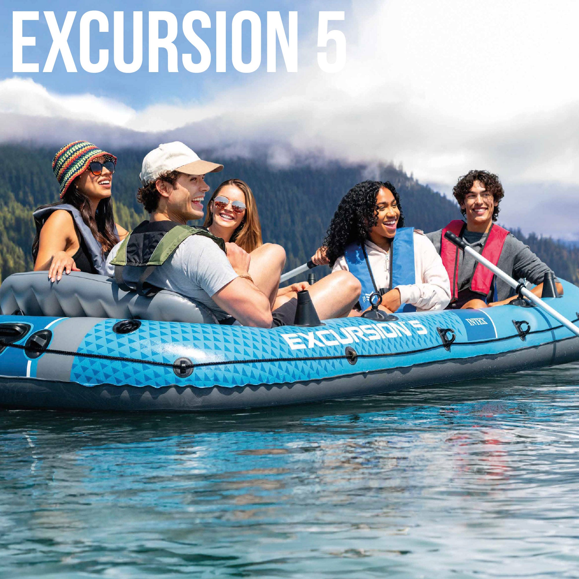 INTEX Barca hinchable Excursion 5 con remos, bomba de inflado y asientos hinchables