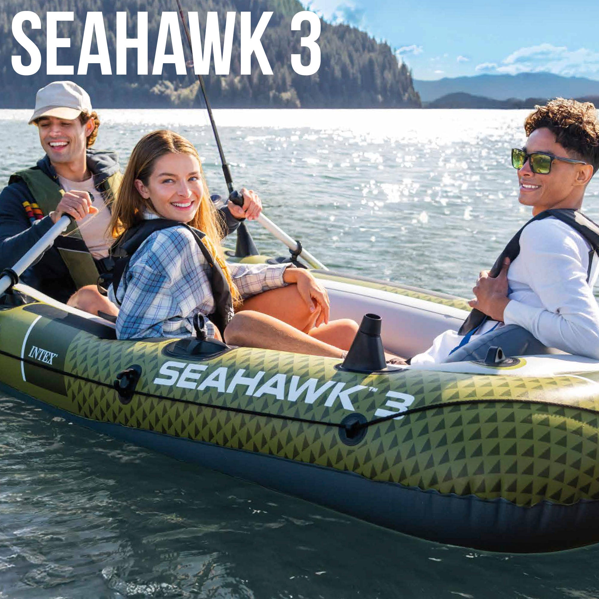INTEX Barca hinchable Seahawk 3 con remos, bomba de inflado y asientos hinchables