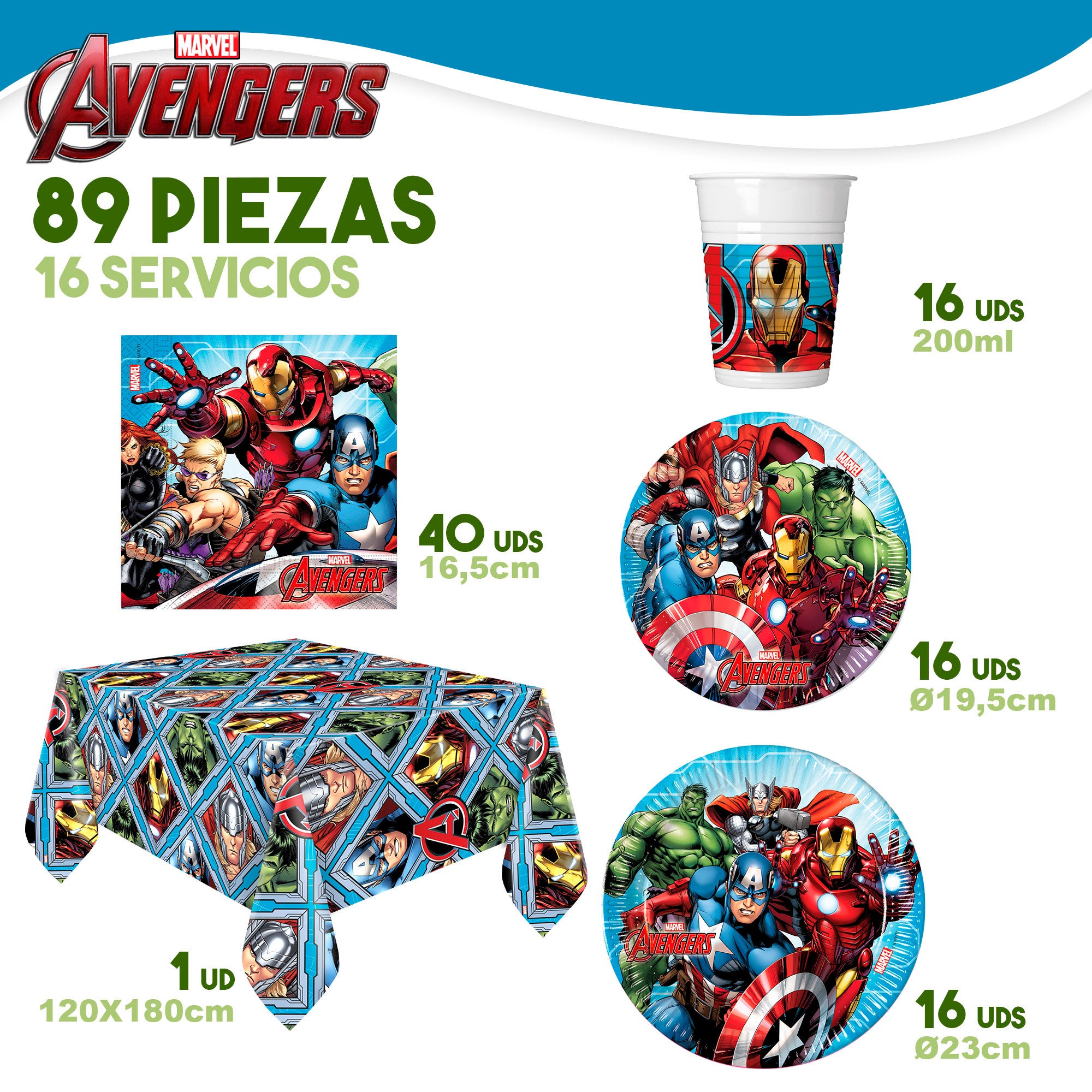 Avengers Vajilla infantil desechable 89 piezas