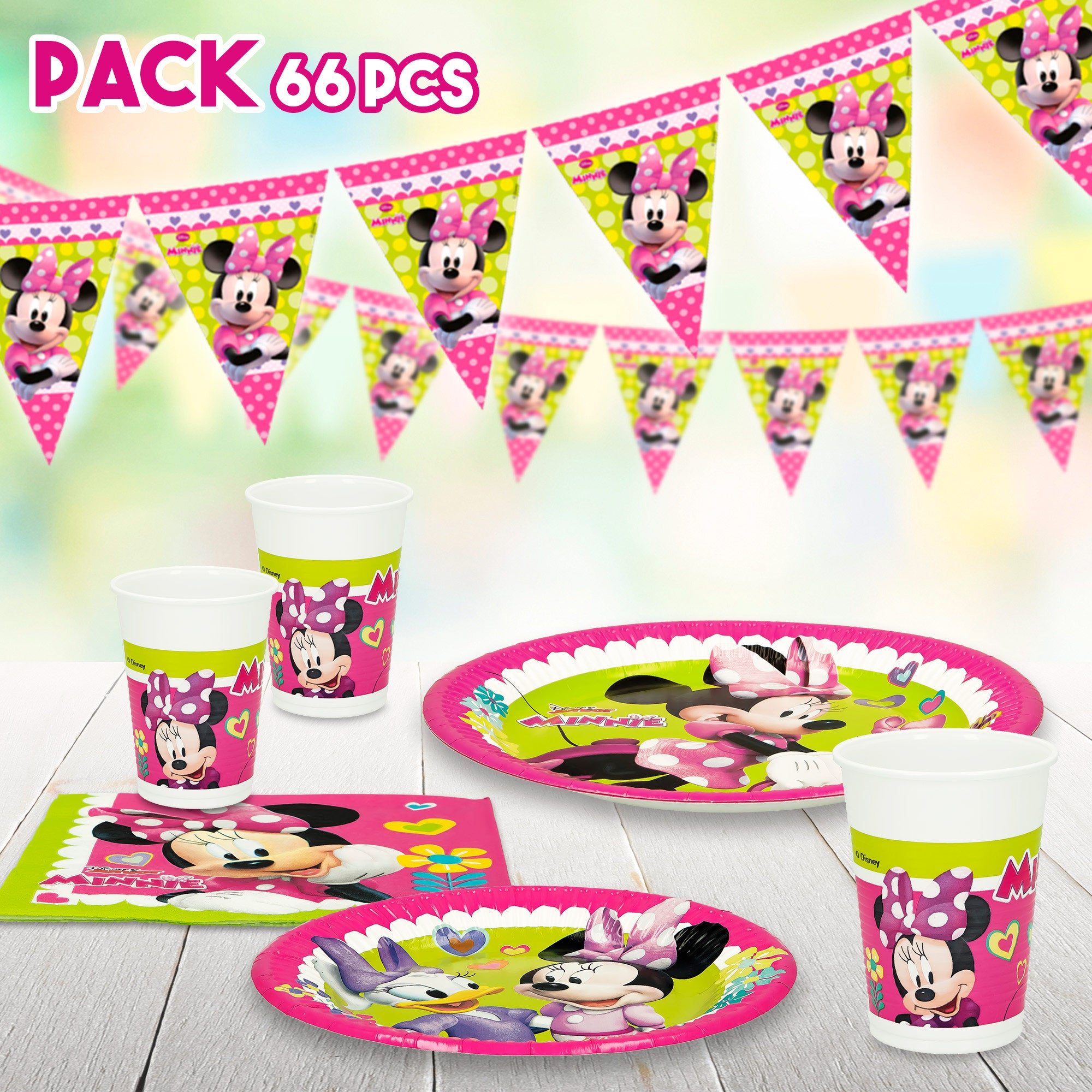 Minnie Set vajilla infantil y decoración desechable 66 piezas