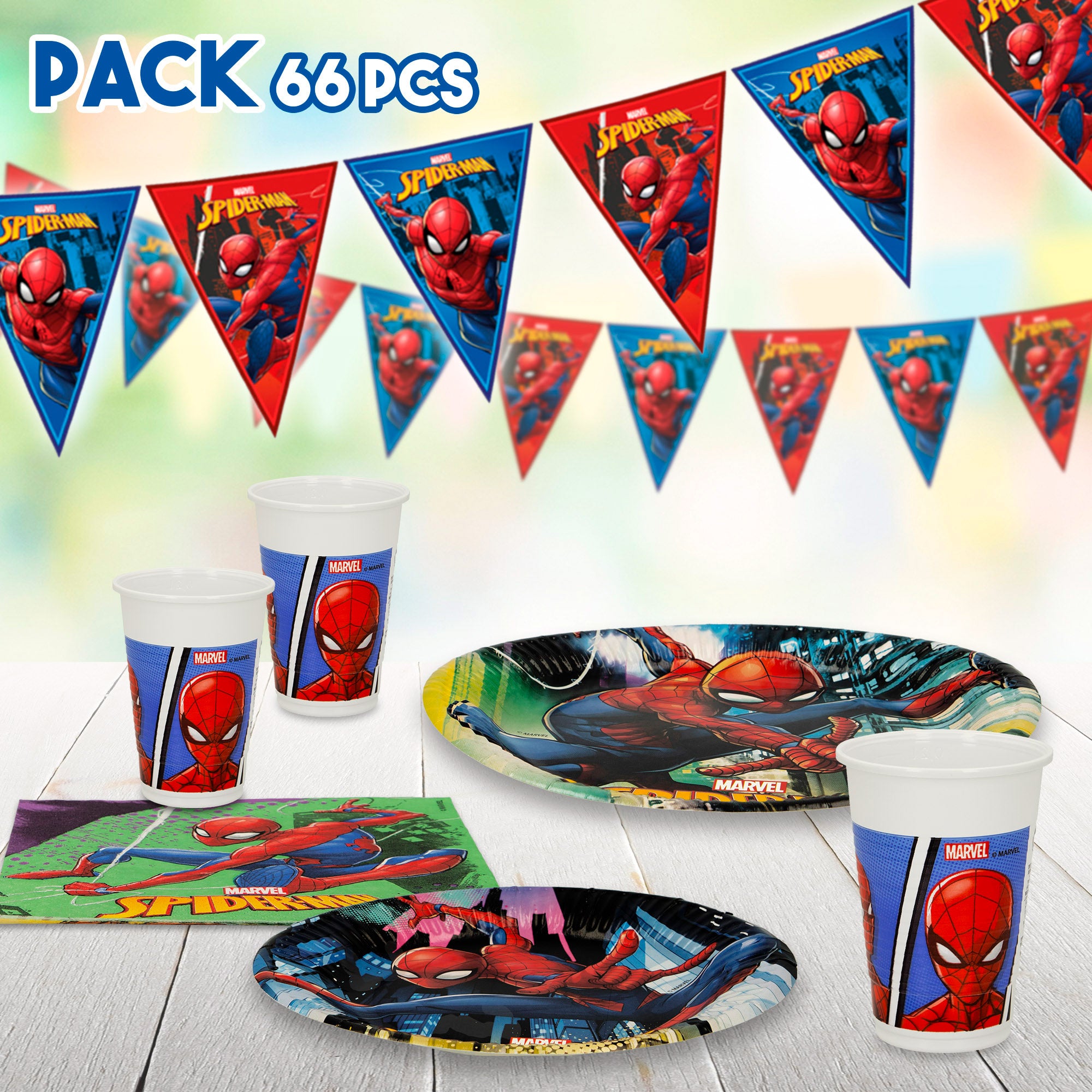 Spider-Man Set vajilla infantil y decoración desechable 66 piezas