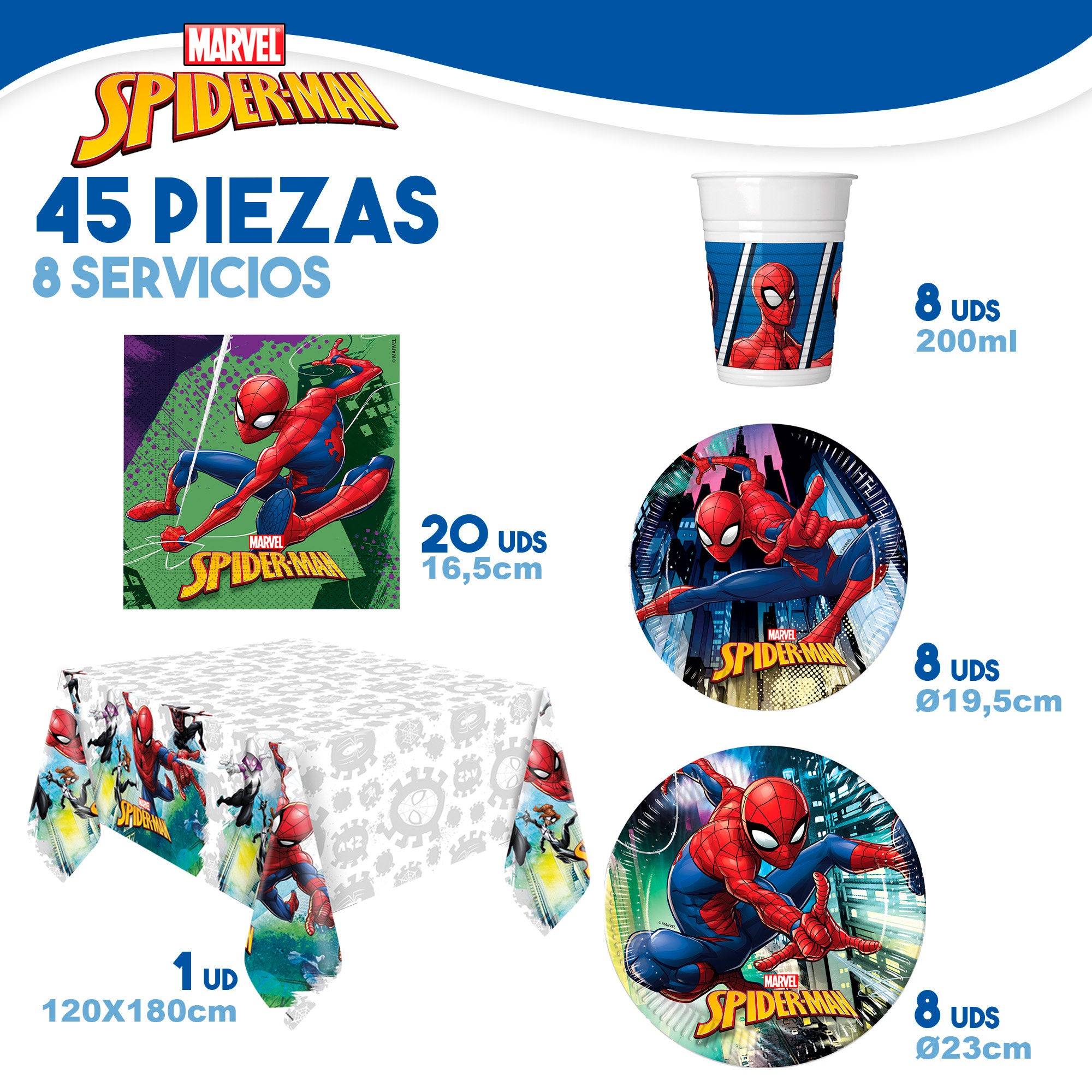 Spider-Man Set vajilla infantil y decoración desechable 66 piezas