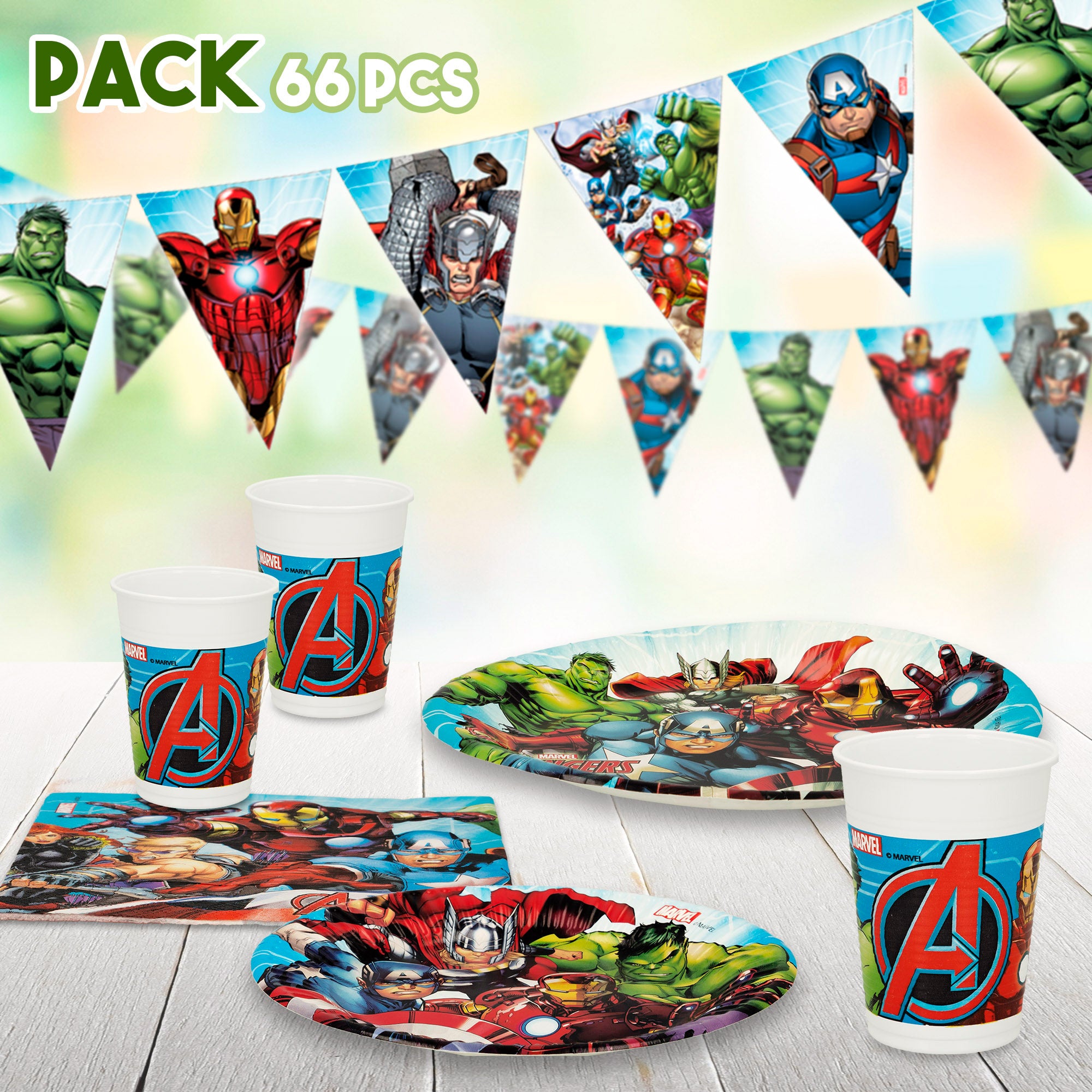 Avengers Set Vajilla infantil y decoración desechable 66 piezas