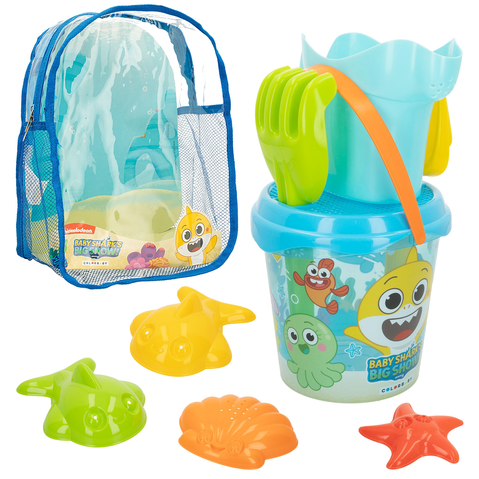 Baby Shark Set cubo playa con accesorios y mochila transporte