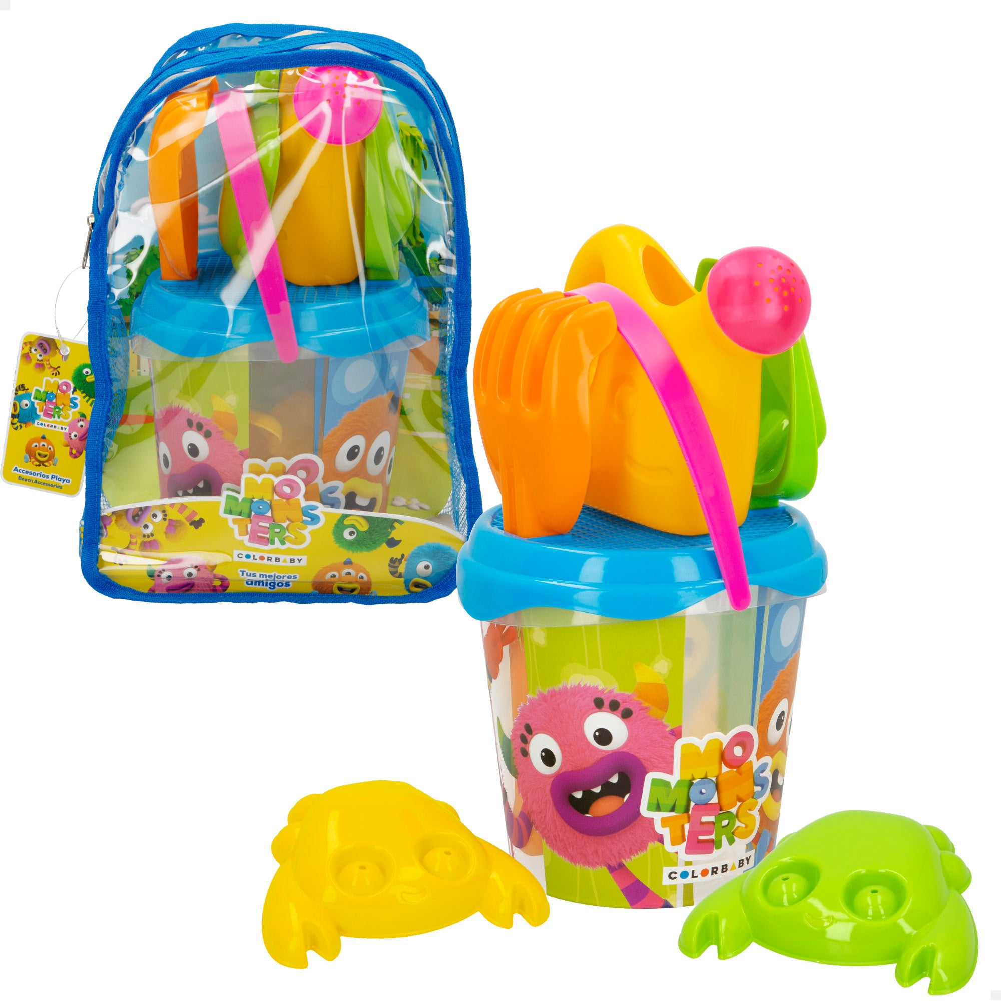 Momonsters Set cubo de playa con accesorios y mochila transporte