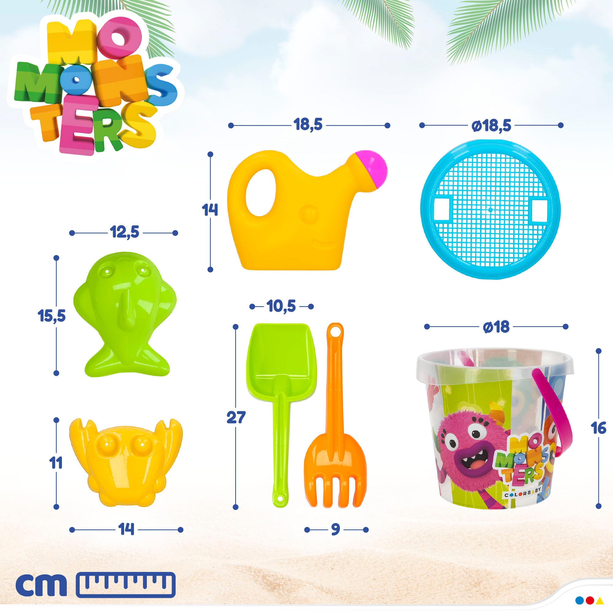 Momonsters Set cubo de playa con accesorios y mochila transporte