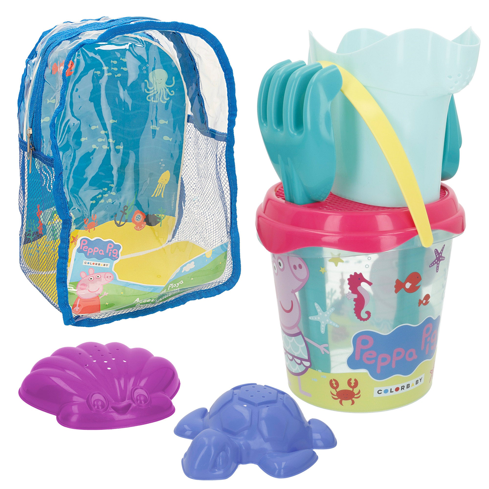 Peppa Pig Set cubo playa con accesorios y mochila transporte