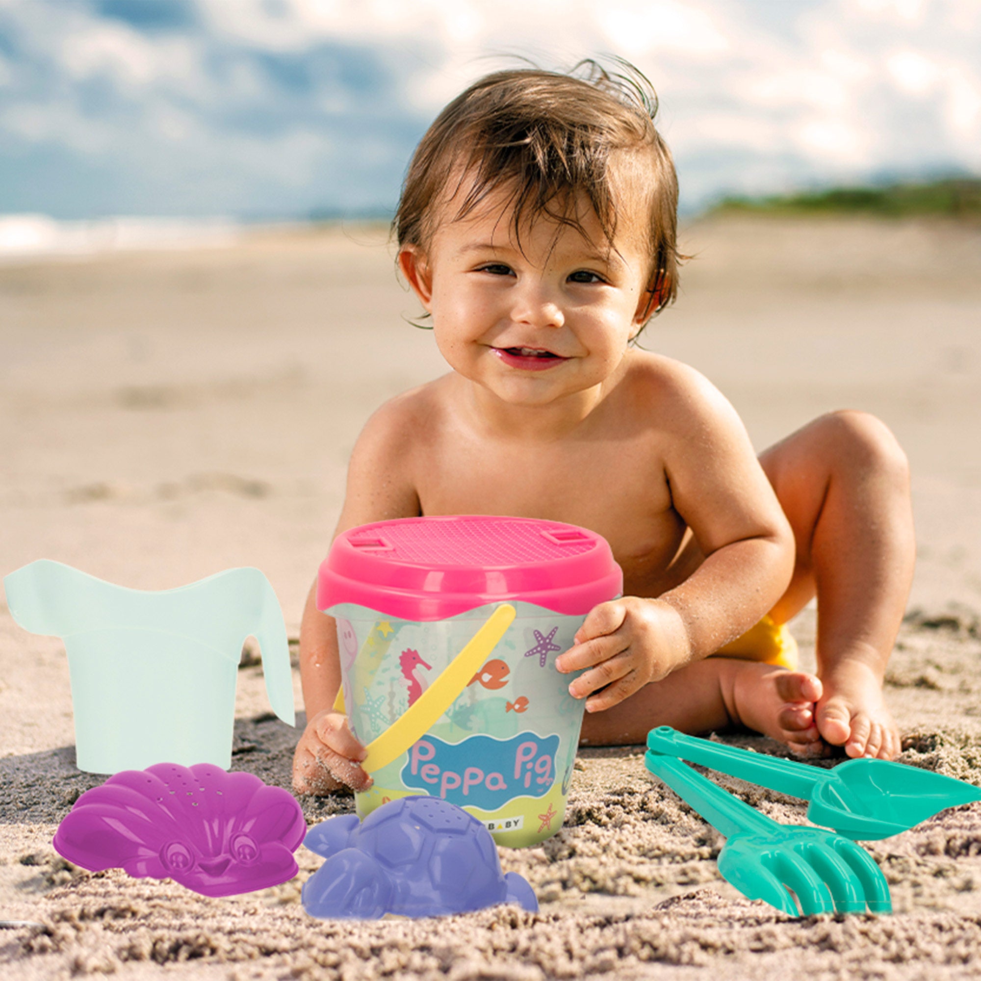 Peppa Pig Set cubo playa con accesorios y mochila transporte