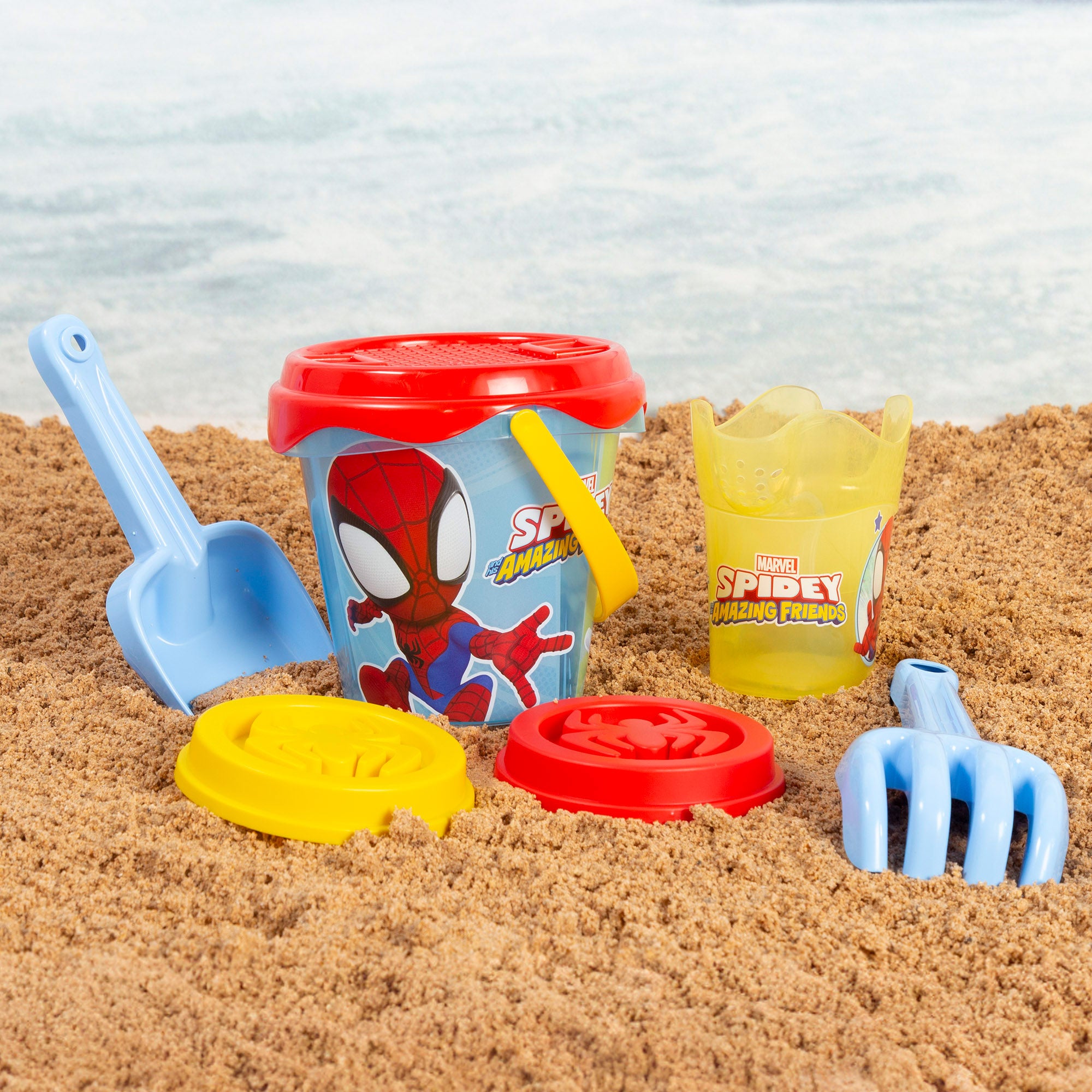 Marvel Spidey y su superequipo Set cubo playa Ø14 cm con accesorios y mochila transporte