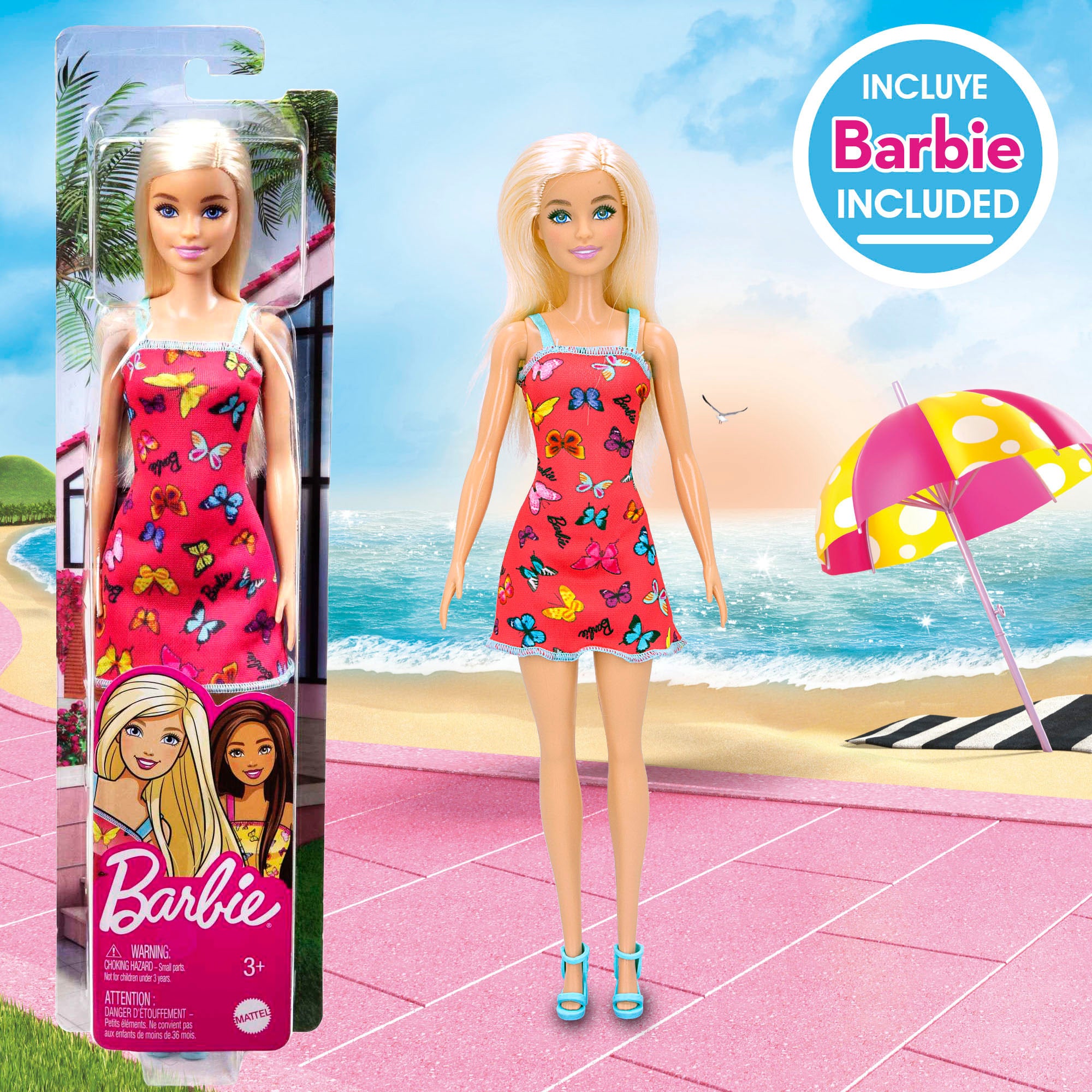 Barbie Set cubo playa con muñeca, accesorios y mochila transporte