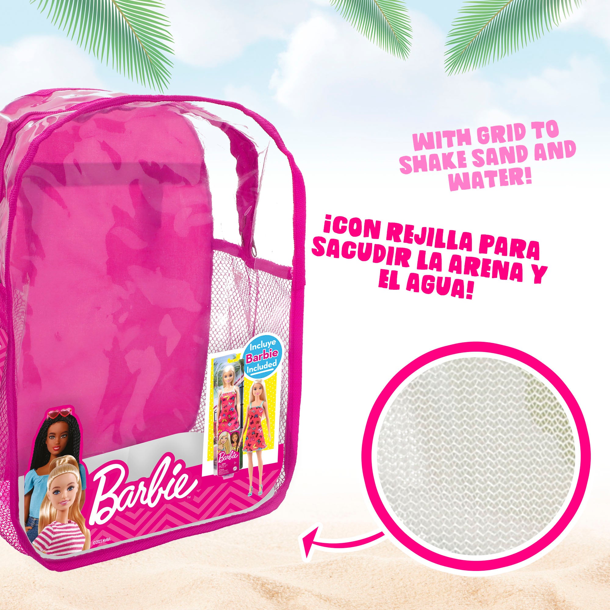 Barbie Set cubo playa con muñeca, accesorios y mochila transporte