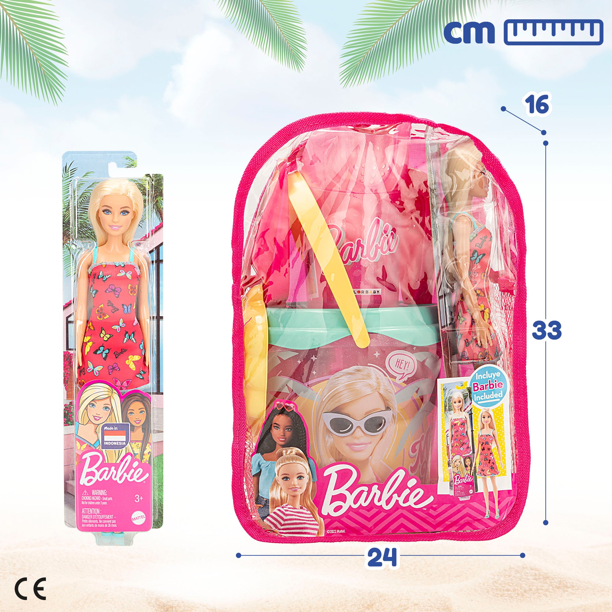 Barbie Set cubo playa con muñeca, accesorios y mochila transporte