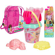 Barbie Set cubo de playa c/accesorios, muñeca Barbie y mochila transporte