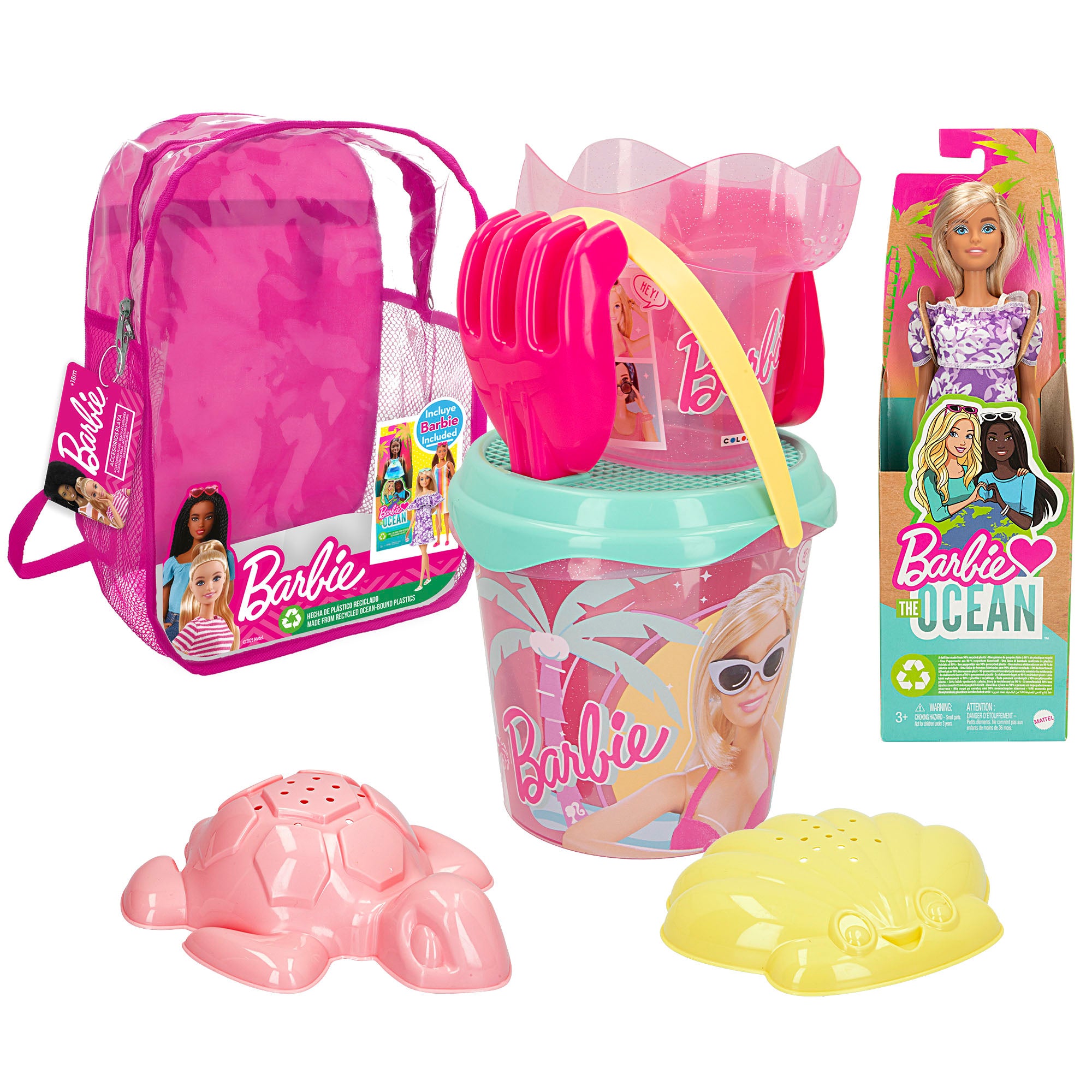 Barbie Set cubo de playa c/accesorios, muñeca Barbie y mochila transporte