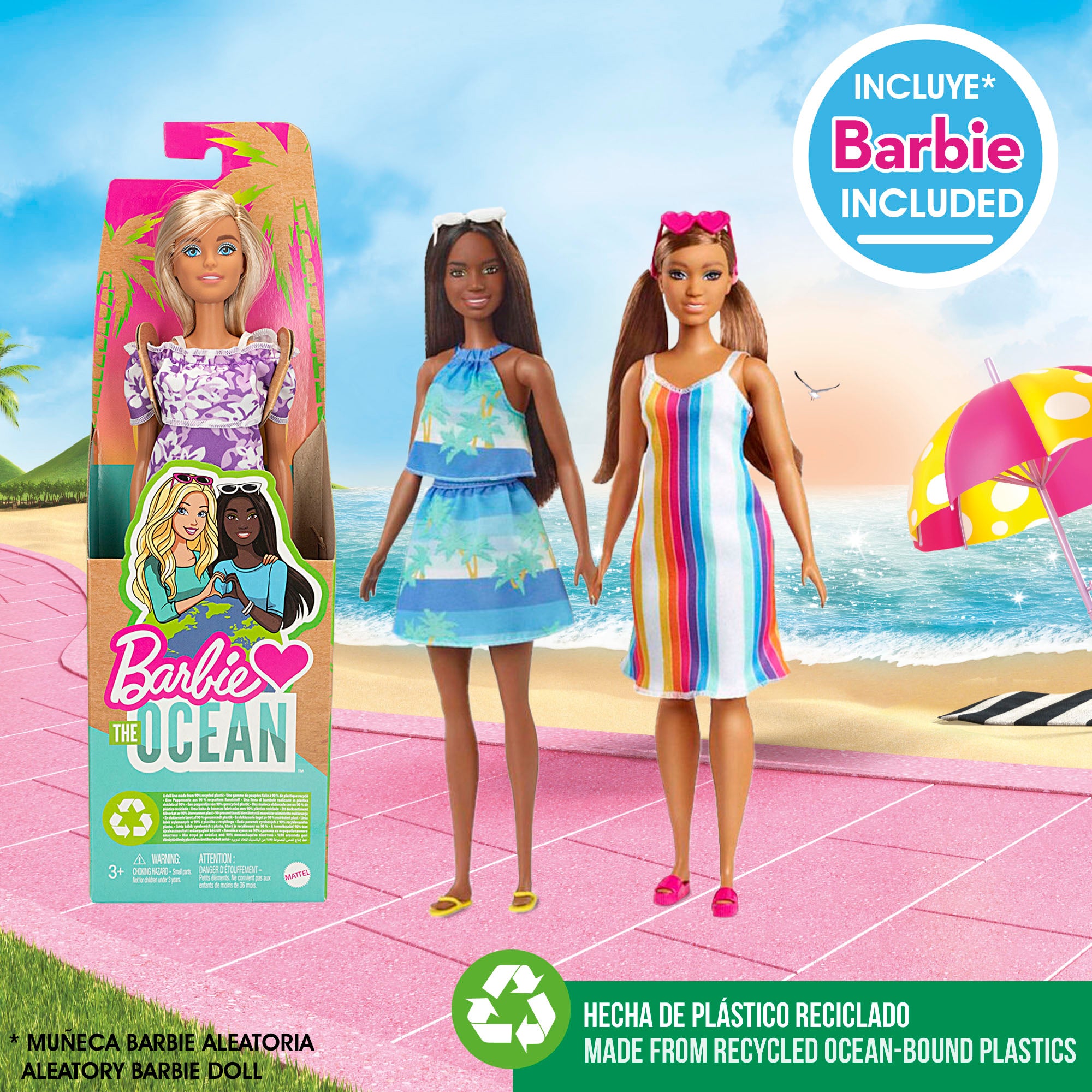 Barbie Set cubo de playa c/accesorios, muñeca Barbie y mochila transporte