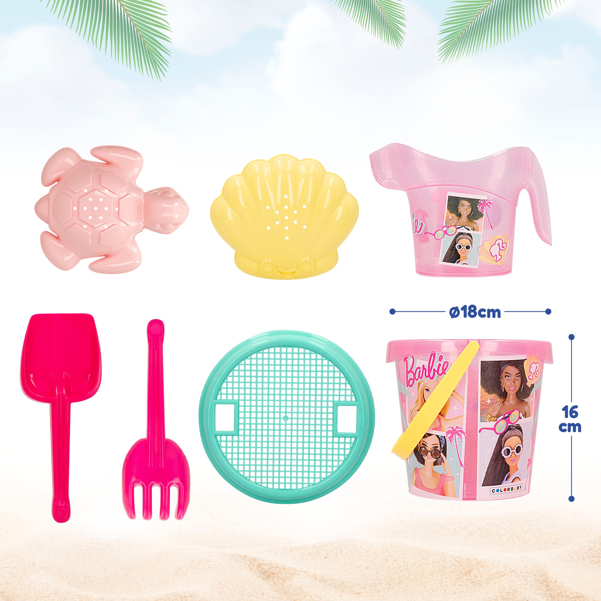 Barbie Set cubo de playa c/accesorios, muñeca Barbie y mochila transporte