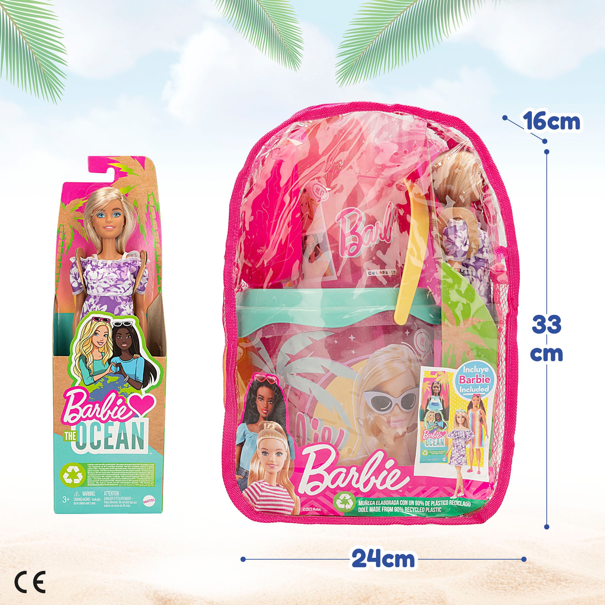 Barbie Set cubo de playa c/accesorios, muñeca Barbie y mochila transporte