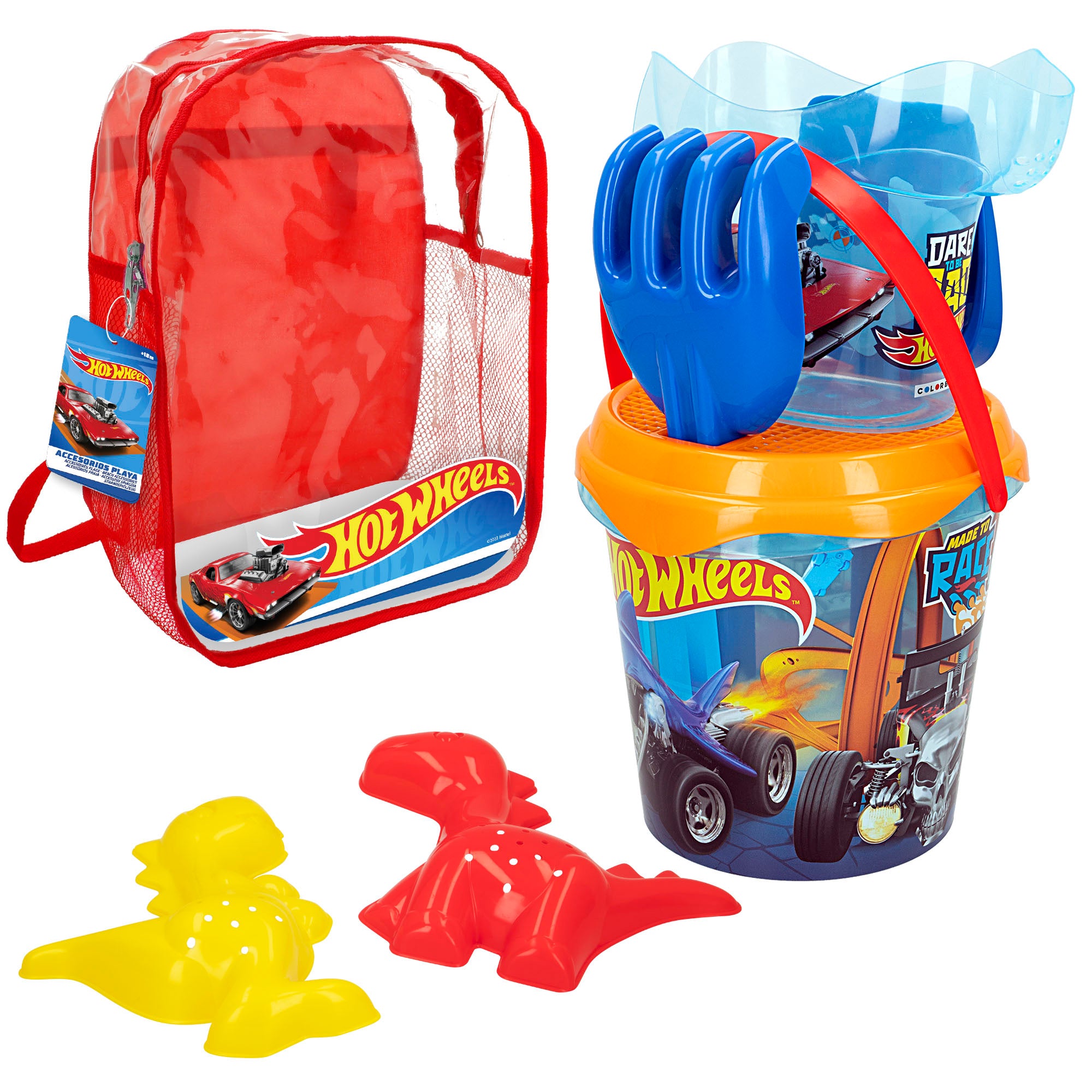 Hot Wheels Set cubo de playa con accesorios y mochila transporte