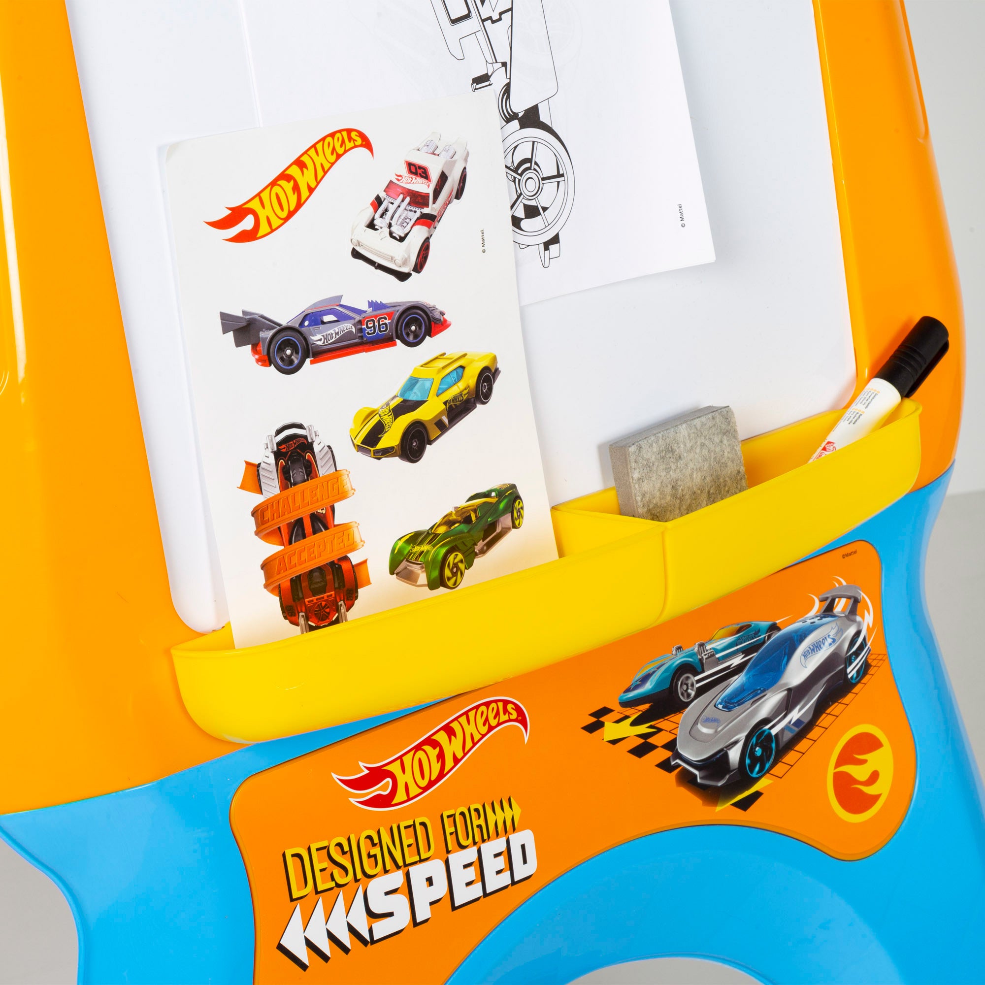 Hot Wheels Pizarra infantil caballete con rotulador, stickers y hojas para colorear
