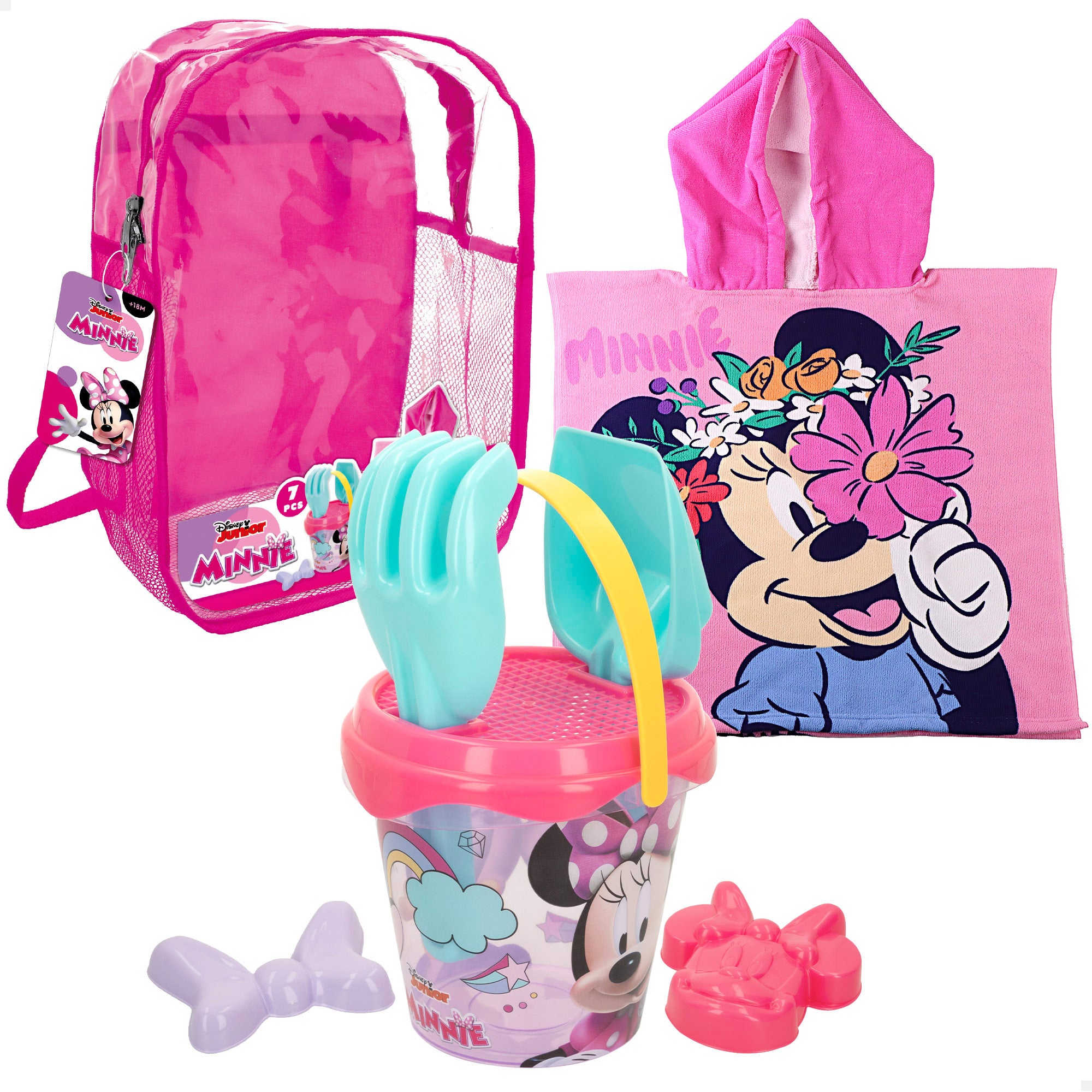 Minnie Set cubo de playa con poncho, accesorios y mochila