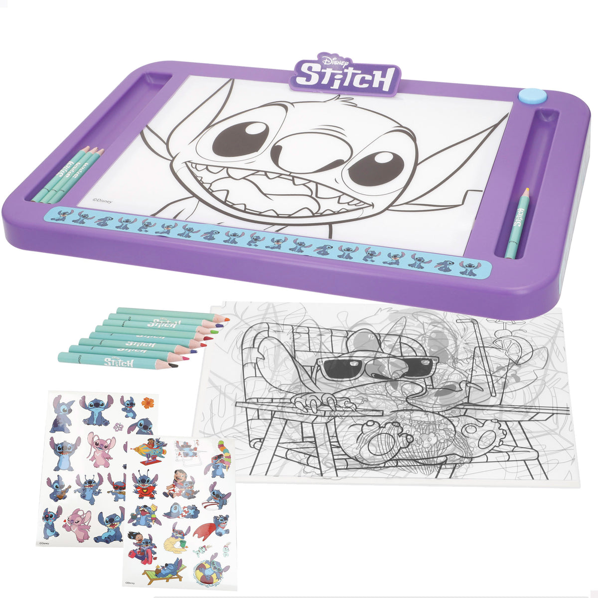 Stitch Pizarra de dibujo luminosa con plantillas, lápices de colores y pegatinas