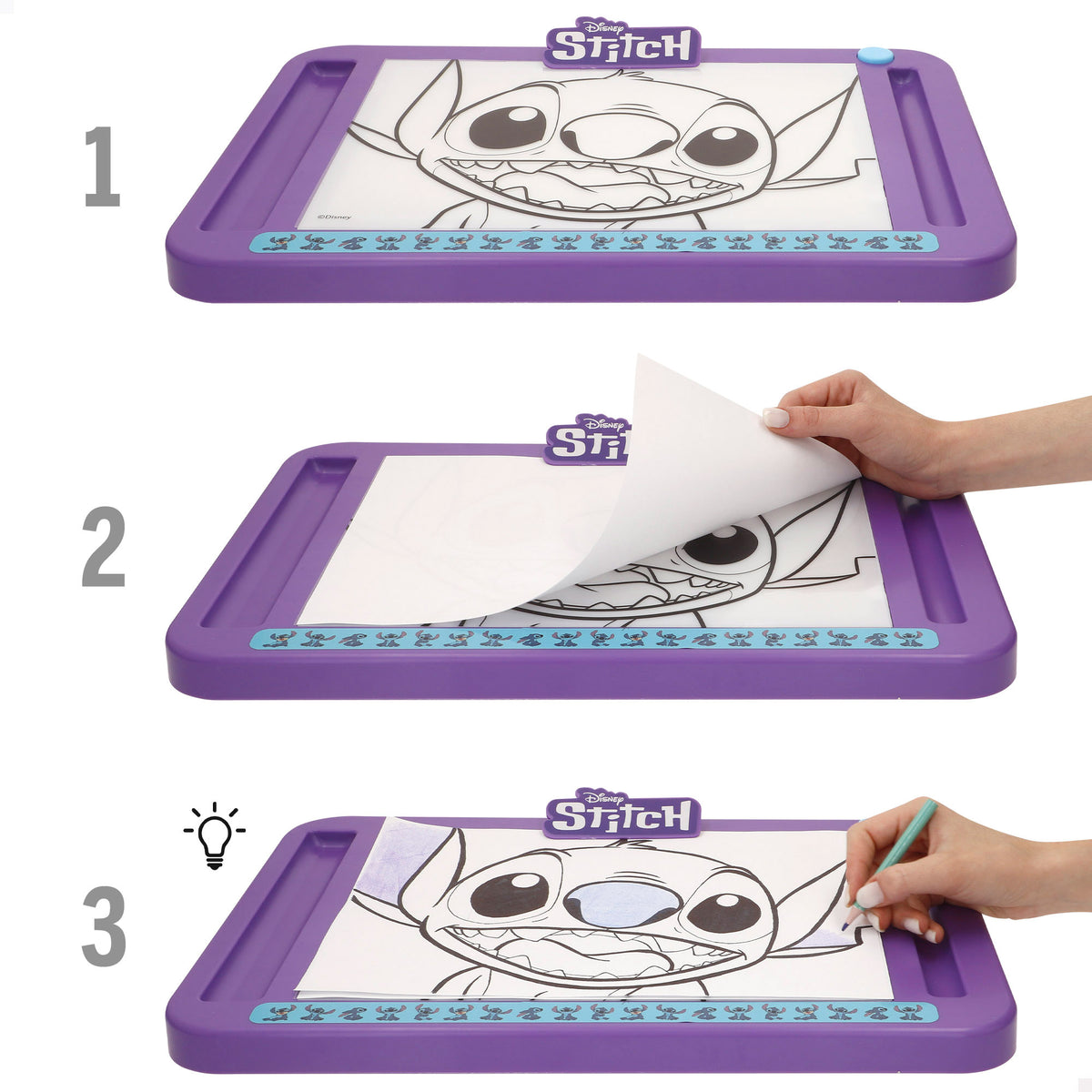 Stitch Pizarra de dibujo luminosa con plantillas, lápices de colores y pegatinas