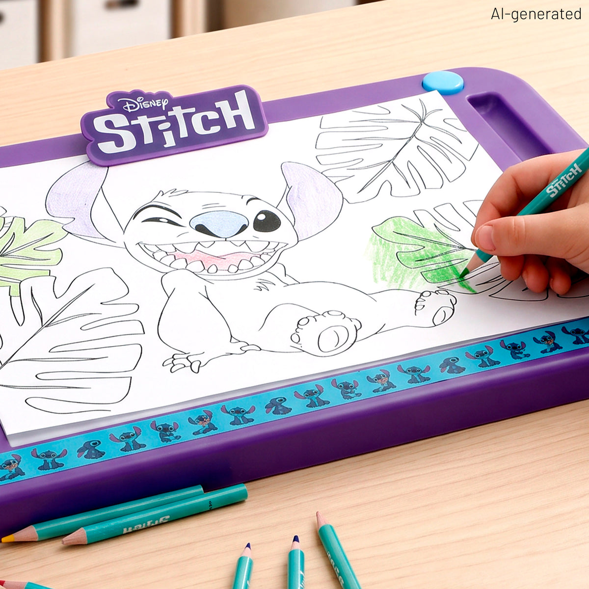 Stitch Pizarra de dibujo luminosa con plantillas, lápices de colores y pegatinas