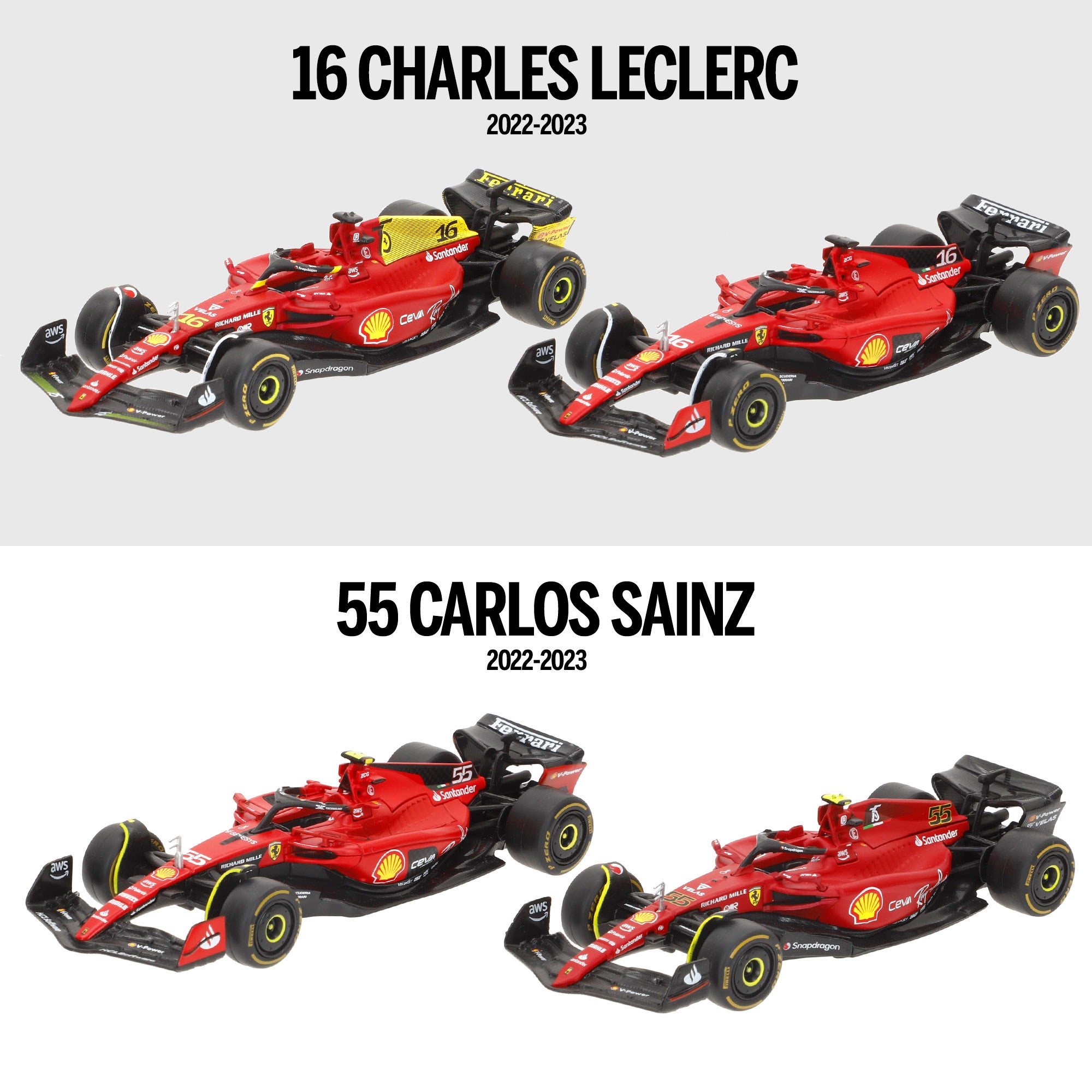 Burago Set 4 coches 1:43 F1 Ferrari F1-75 y SF-23 Sainz y Leclerc