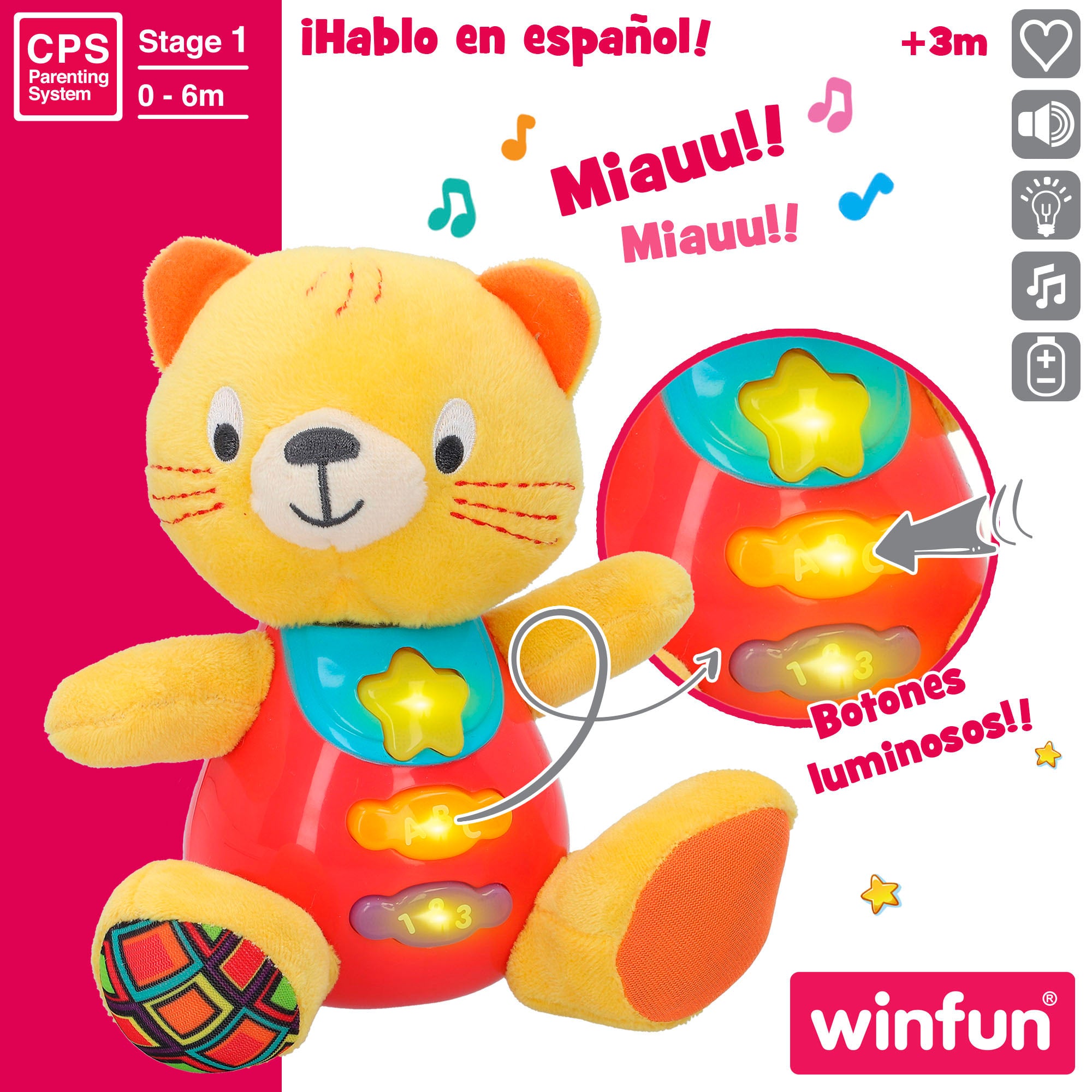 Winfun Peluche gato para bebé con luces y sonido en español