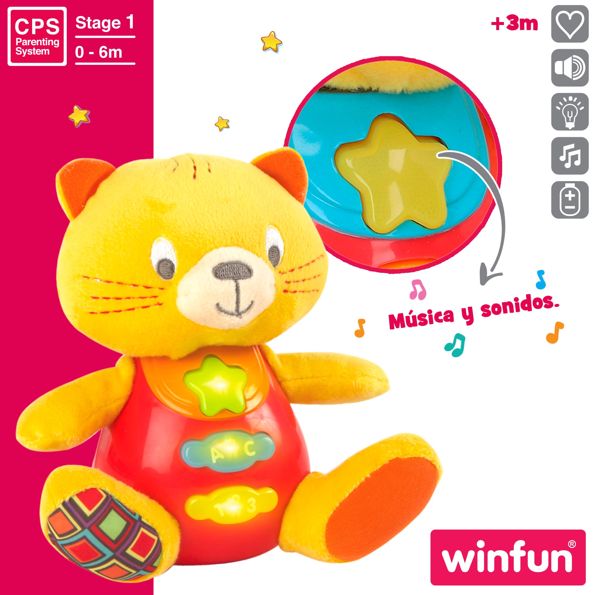 Winfun Peluche gato para bebé con luces y sonido en español