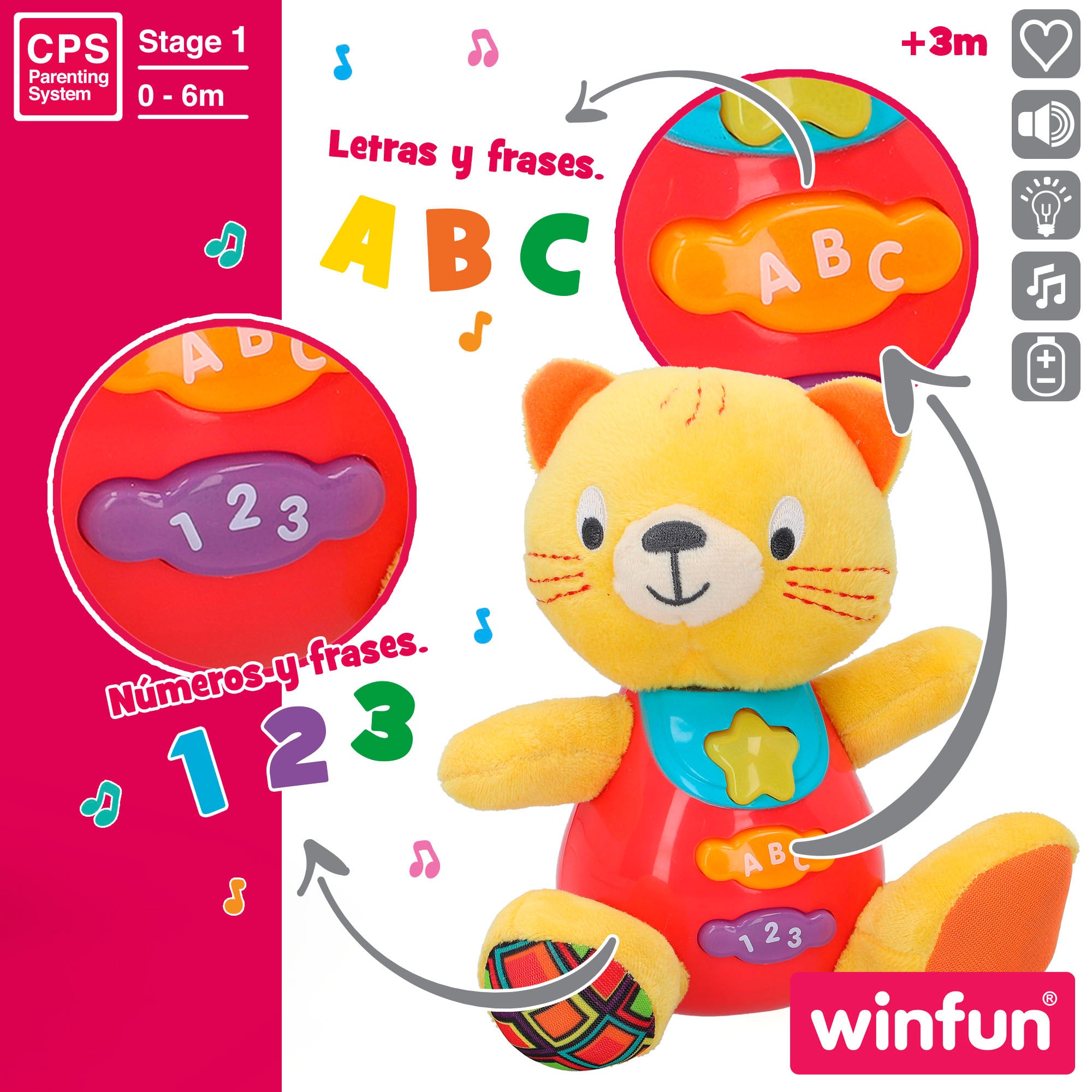Winfun Peluche gato para bebé con luces y sonido en español