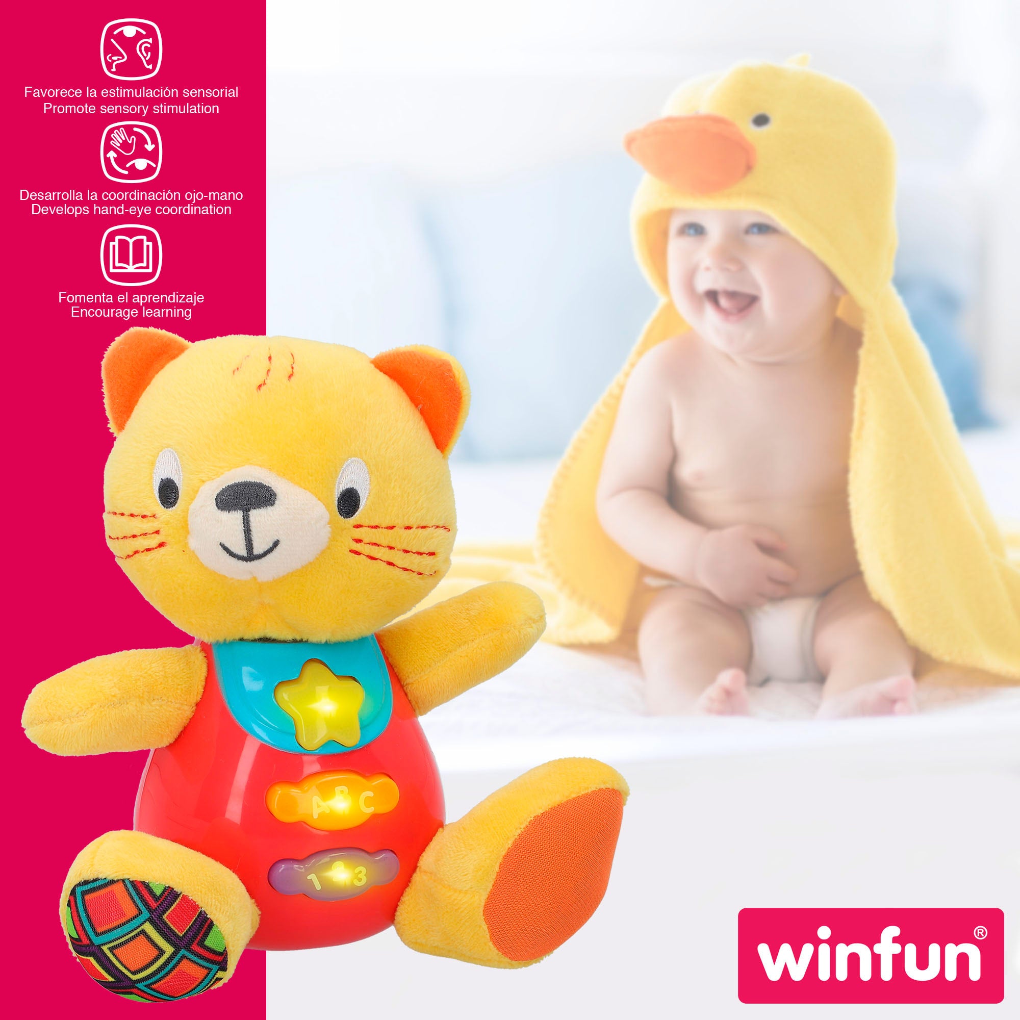 Winfun Peluche gato para bebé con luces y sonido en español