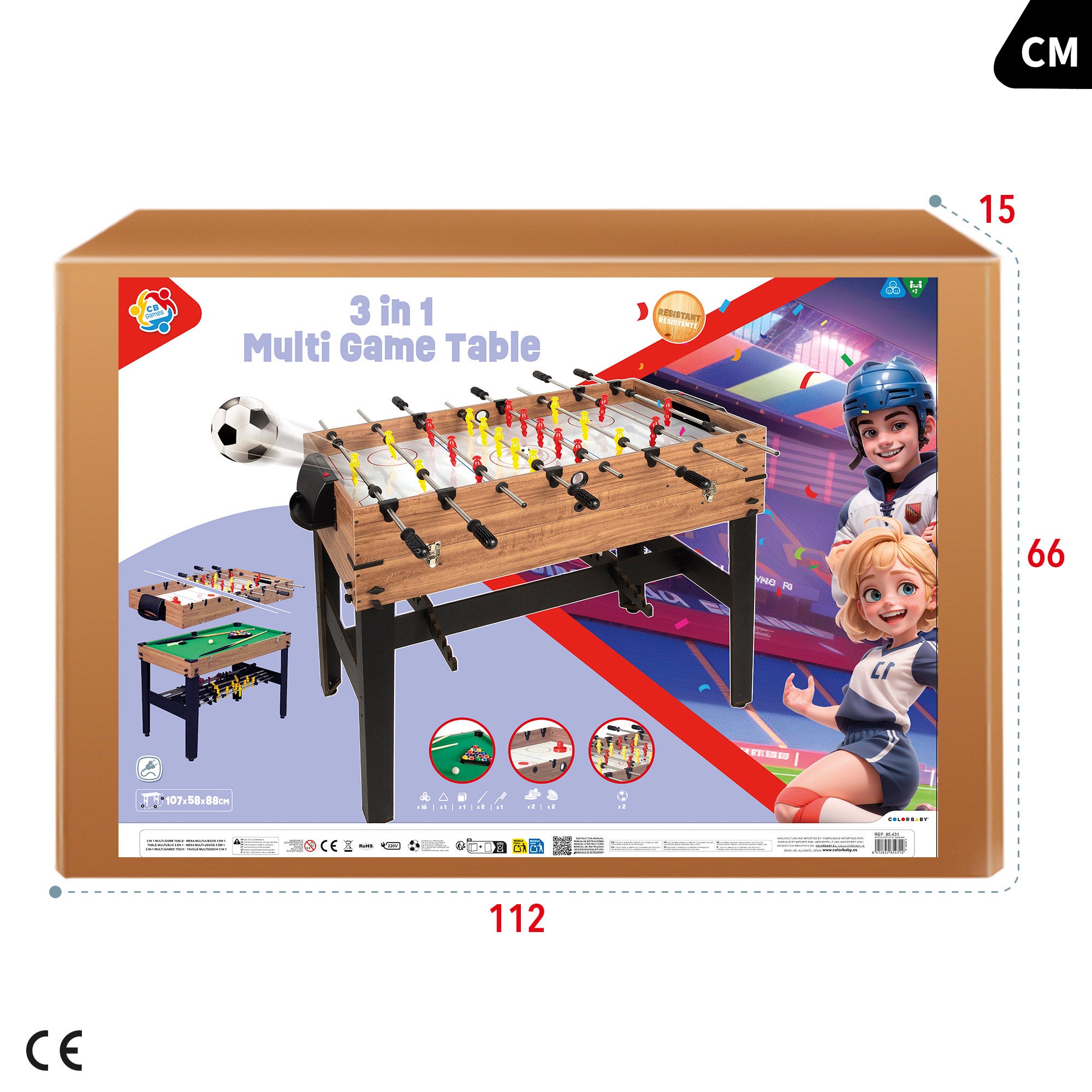 Mesa multijuegos 3 en 1 futbolín/billar/hockey 107x58x88 cm CB Games